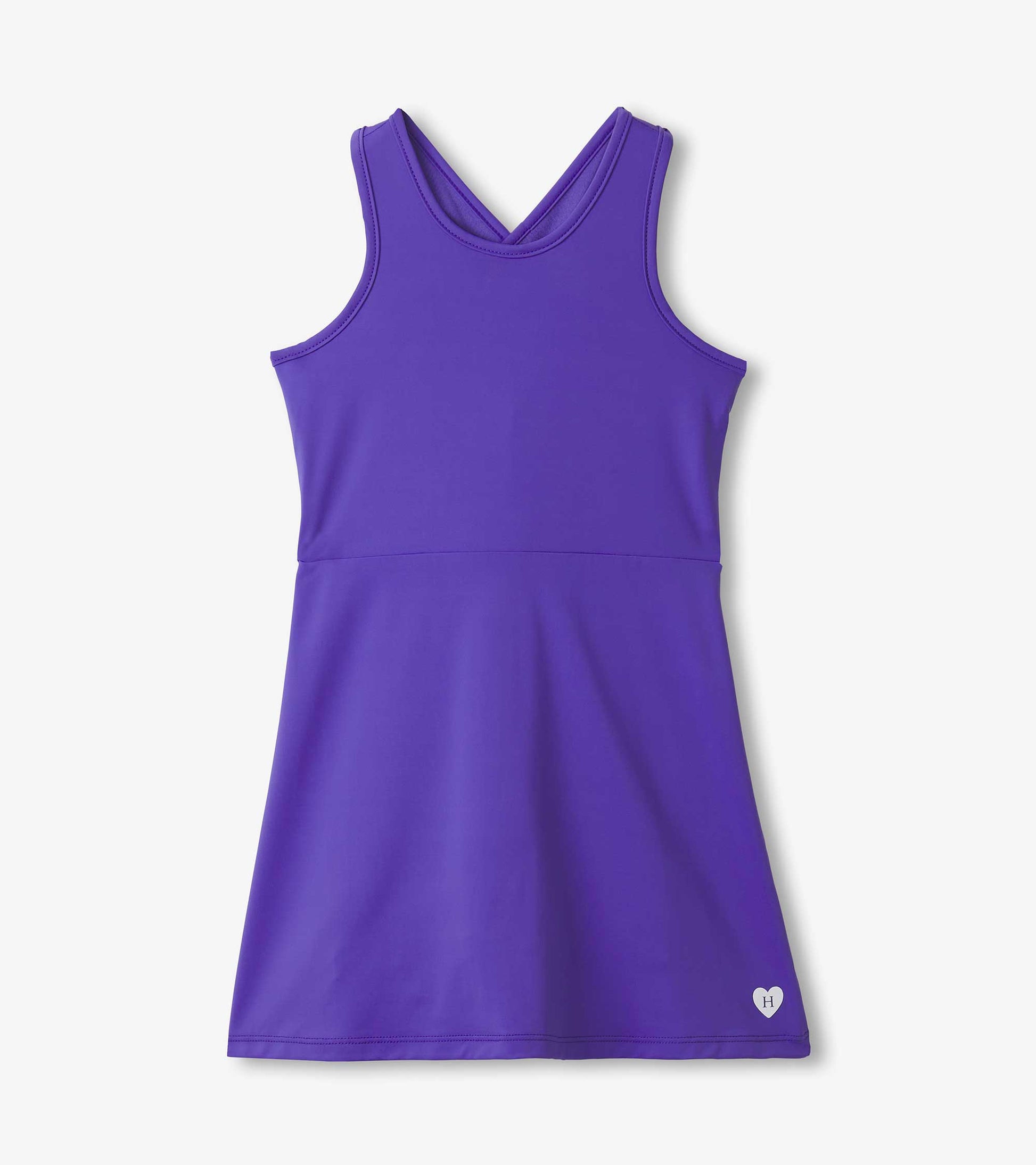 Purple A-line dress with a sleeveless design and crisscross straps, ideal for active wear.