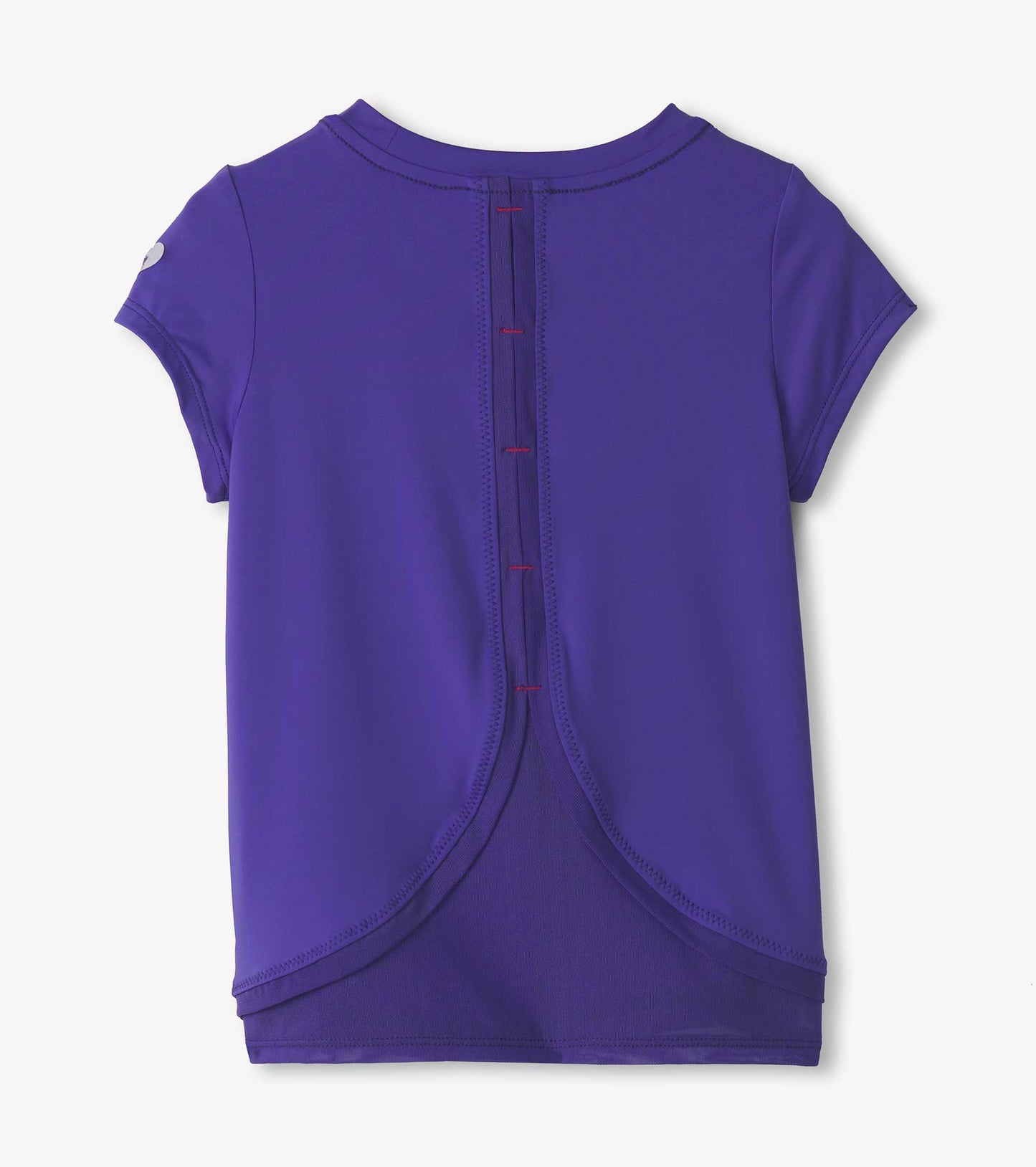 Purple short-sleeve T-shirt featuring a mesh trim and decorative buttons along the back.