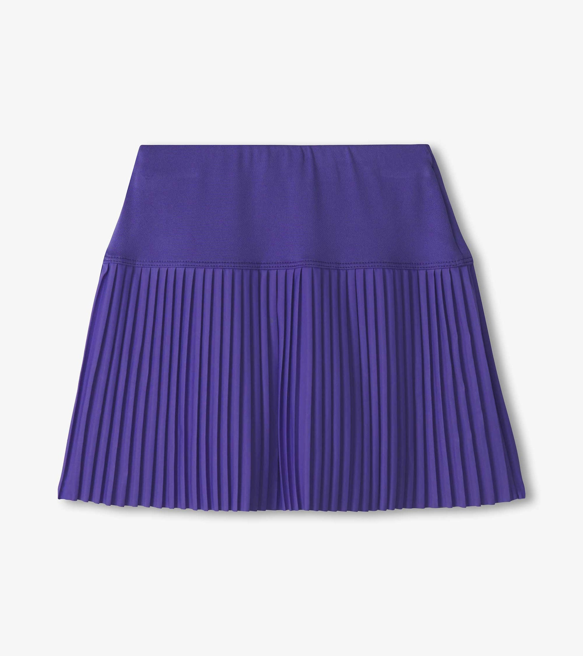 Purple sporty skort with pleated design and elastic waistband, suitable for active wear.