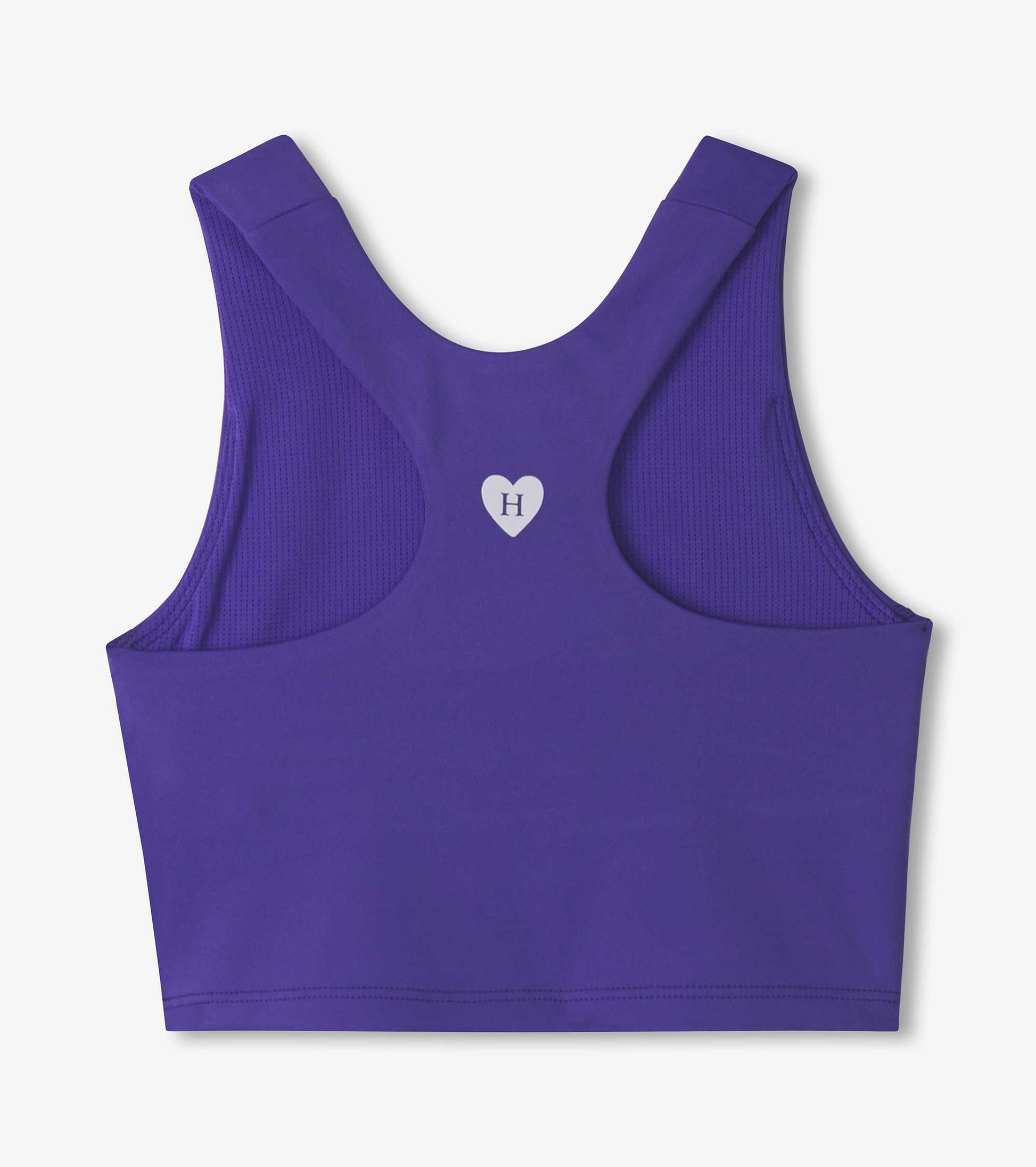 Purple tank top with wide straps and a heart logo, designed for girls, featuring a smooth, stretchy fabric.