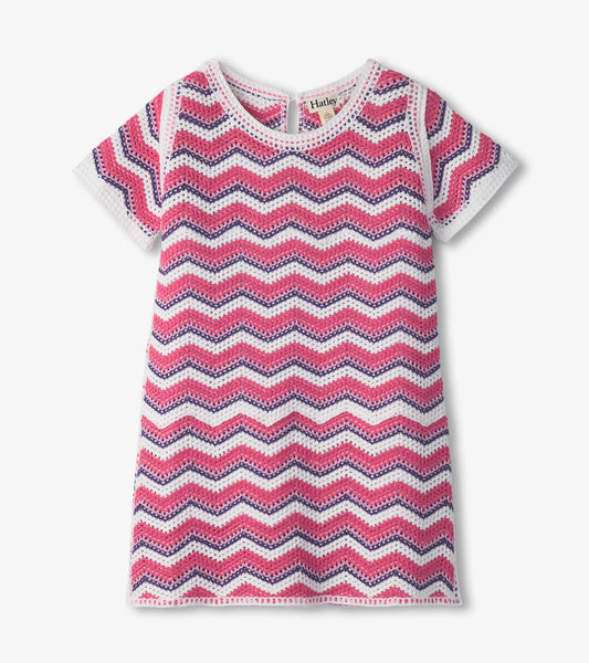 Pink and white chevron-patterned t-shirt dress with short sleeves and a round neckline.
