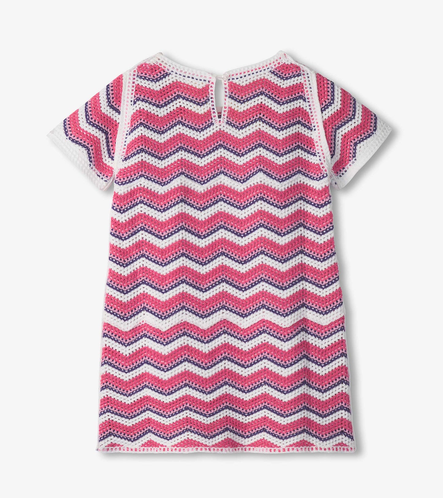 Girls' short-sleeve dress featuring a pink and white chevron pattern with a back keyhole opening.