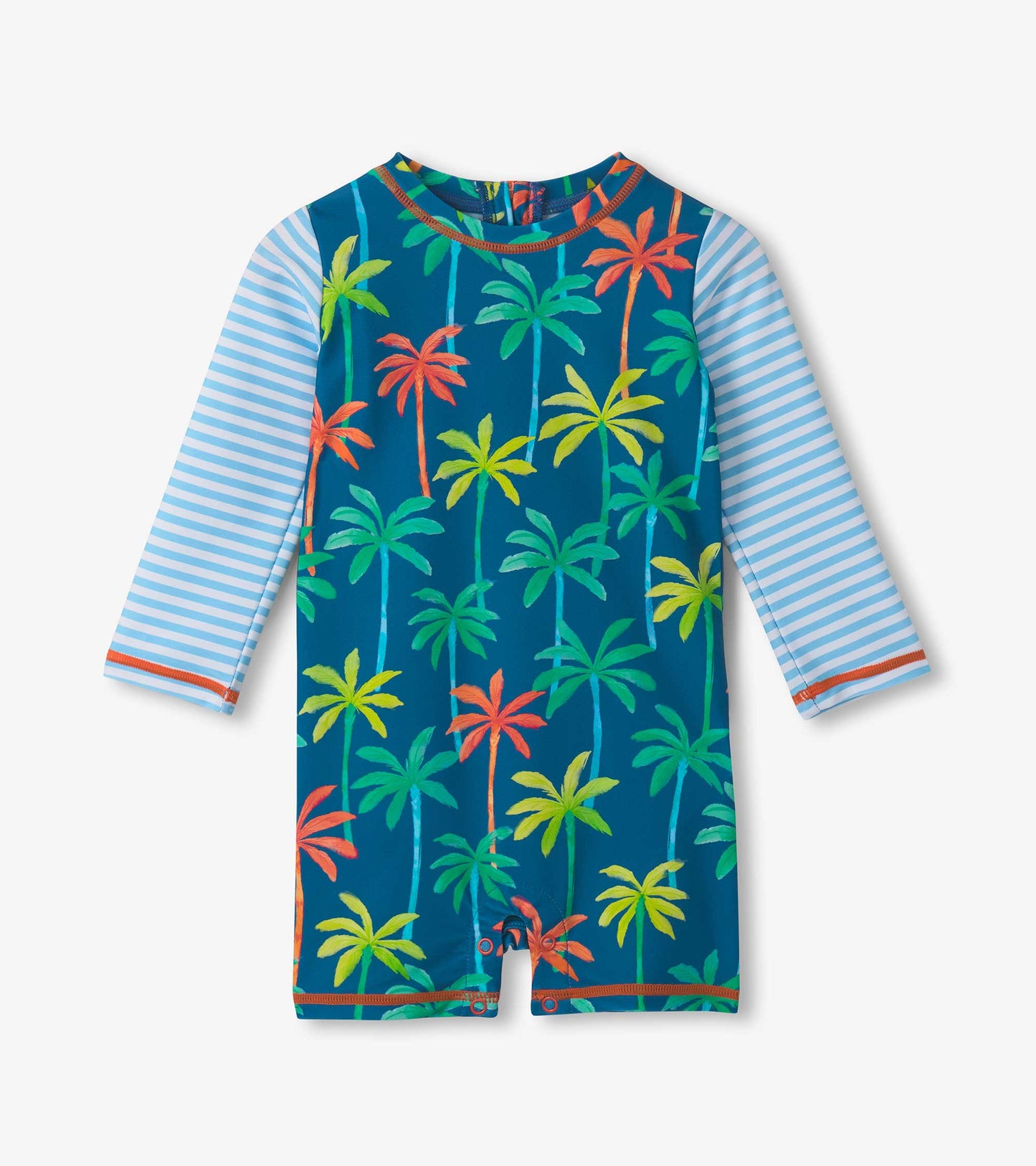 Blue one-piece rashguard featuring colorful palm tree prints and striped sleeves, designed for baby boys.