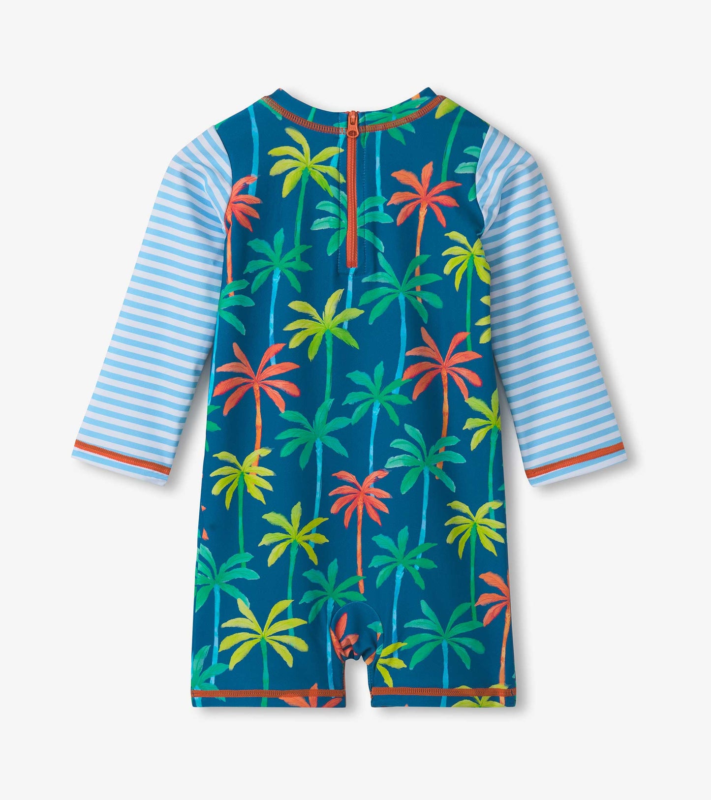 Blue one-piece rashguard with colorful palm tree print and striped sleeves, featuring a back zipper for easy wear.