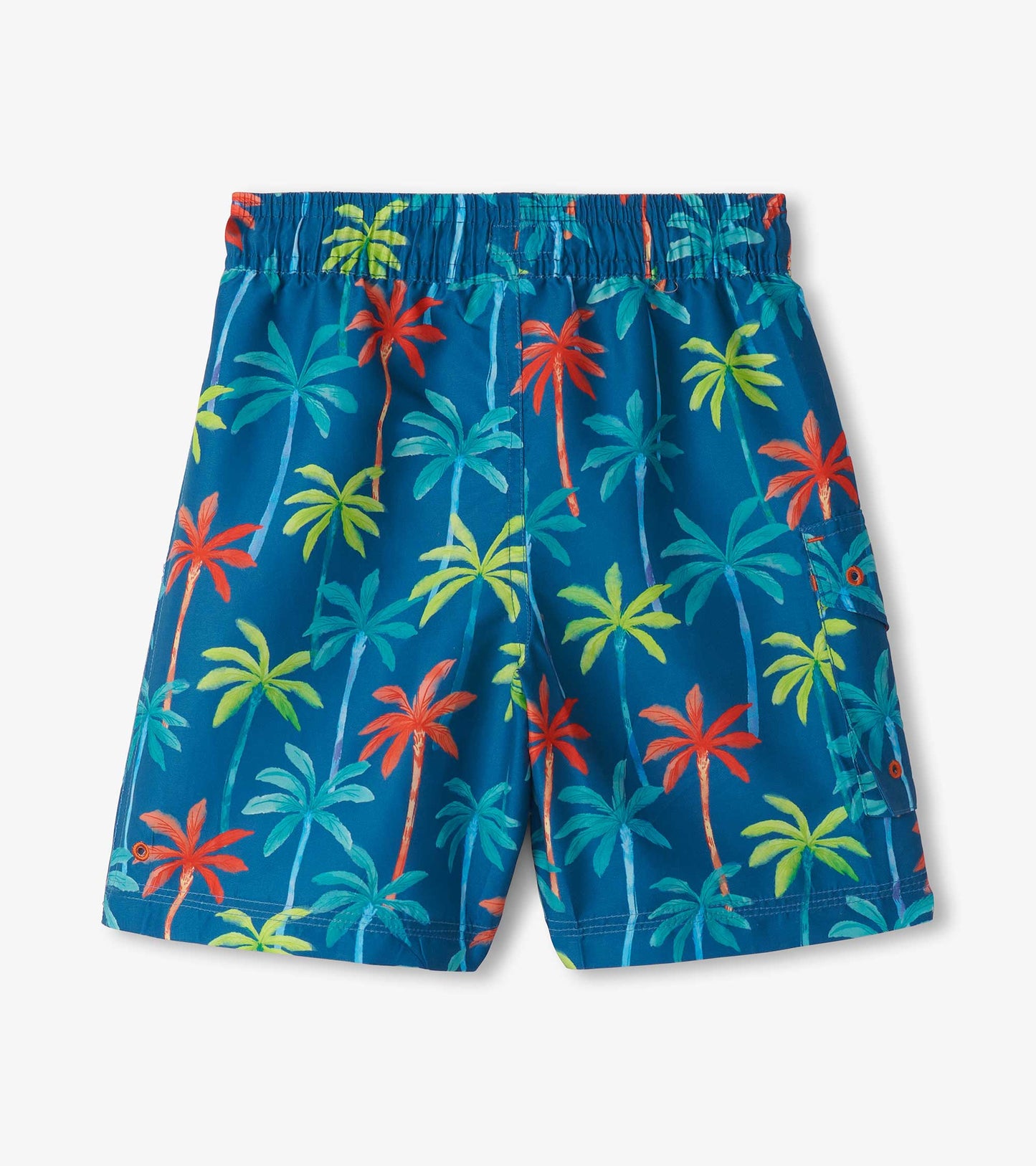 Blue board shorts featuring a vibrant palm tree print in red, green, and yellow, ideal for beach or pool wear.