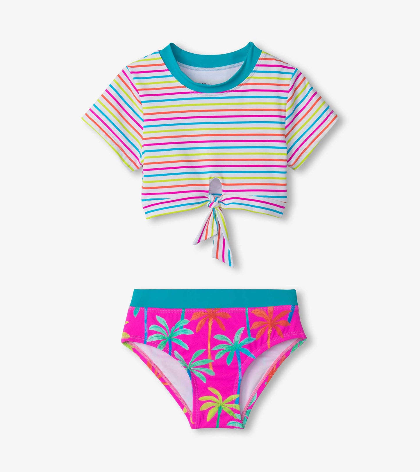 Colorful striped short sleeve tankini top with a tie front and matching pink bottoms featuring palm tree prints.