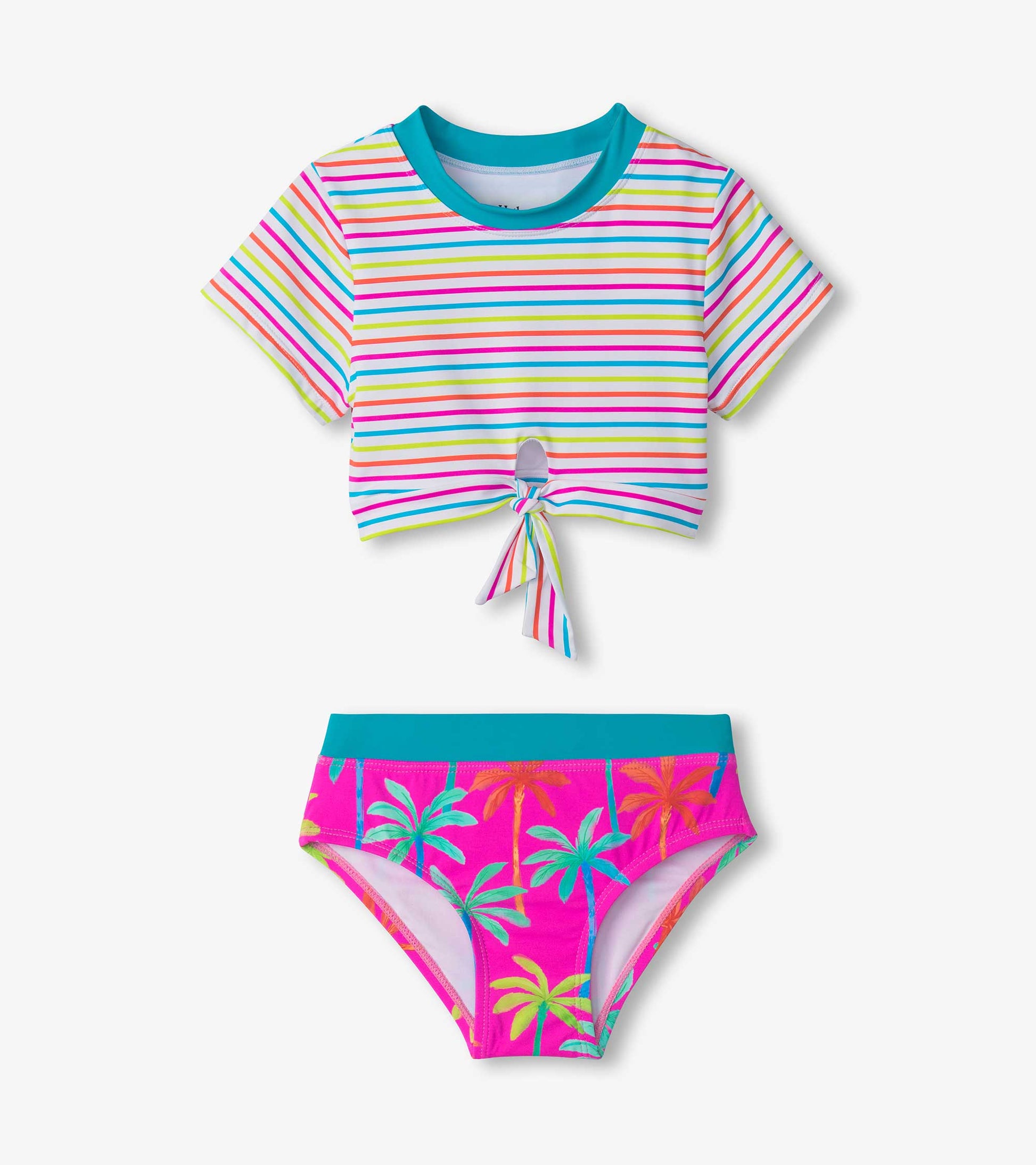 Colorful striped short sleeve tankini top with a tie front and matching pink bottoms featuring palm tree prints.