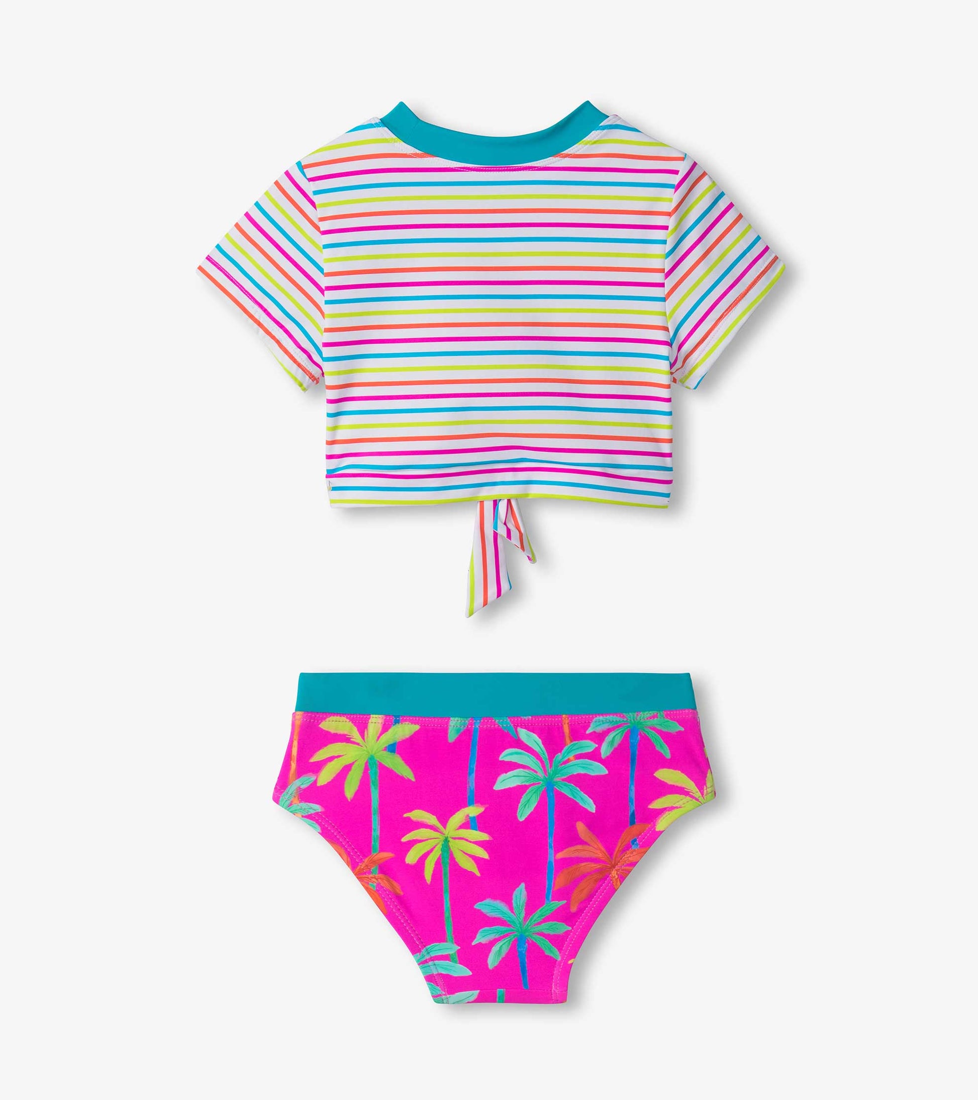 Short sleeve tankini set featuring colorful stripes on the top and a pink bottom with palm tree prints.