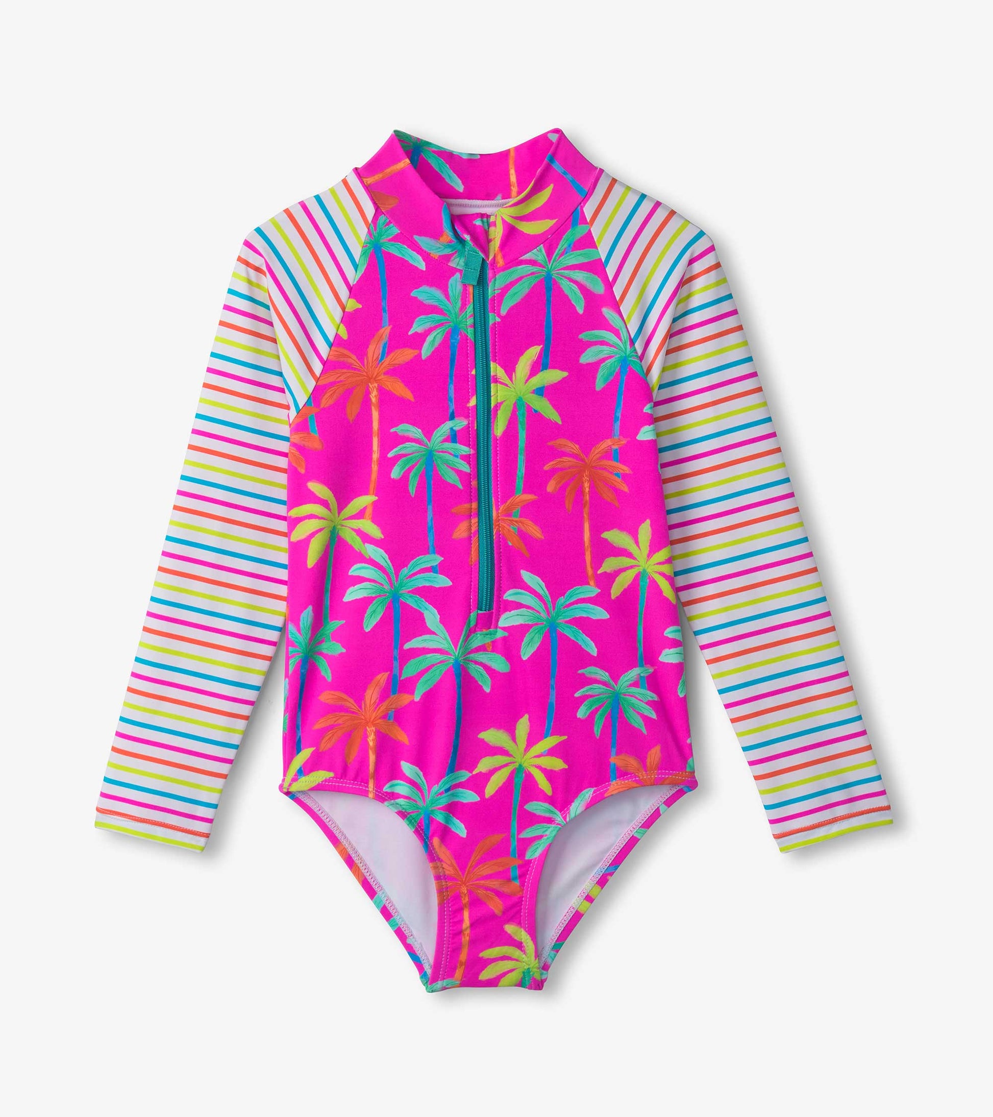 Bright pink long sleeve rashguard swimsuit with palm tree print and striped sleeves, ideal for beach or pool use.
