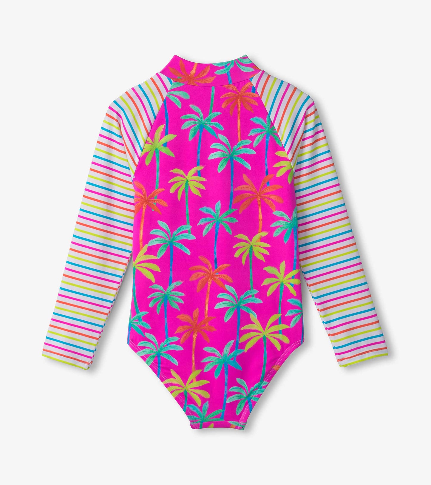 Bright pink long sleeve rashguard swimsuit featuring colorful palm tree prints and striped sleeves.