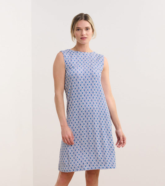 Sleeveless dress featuring a blue and white geometric pattern, knee-length cut, perfect for casual summer wear.