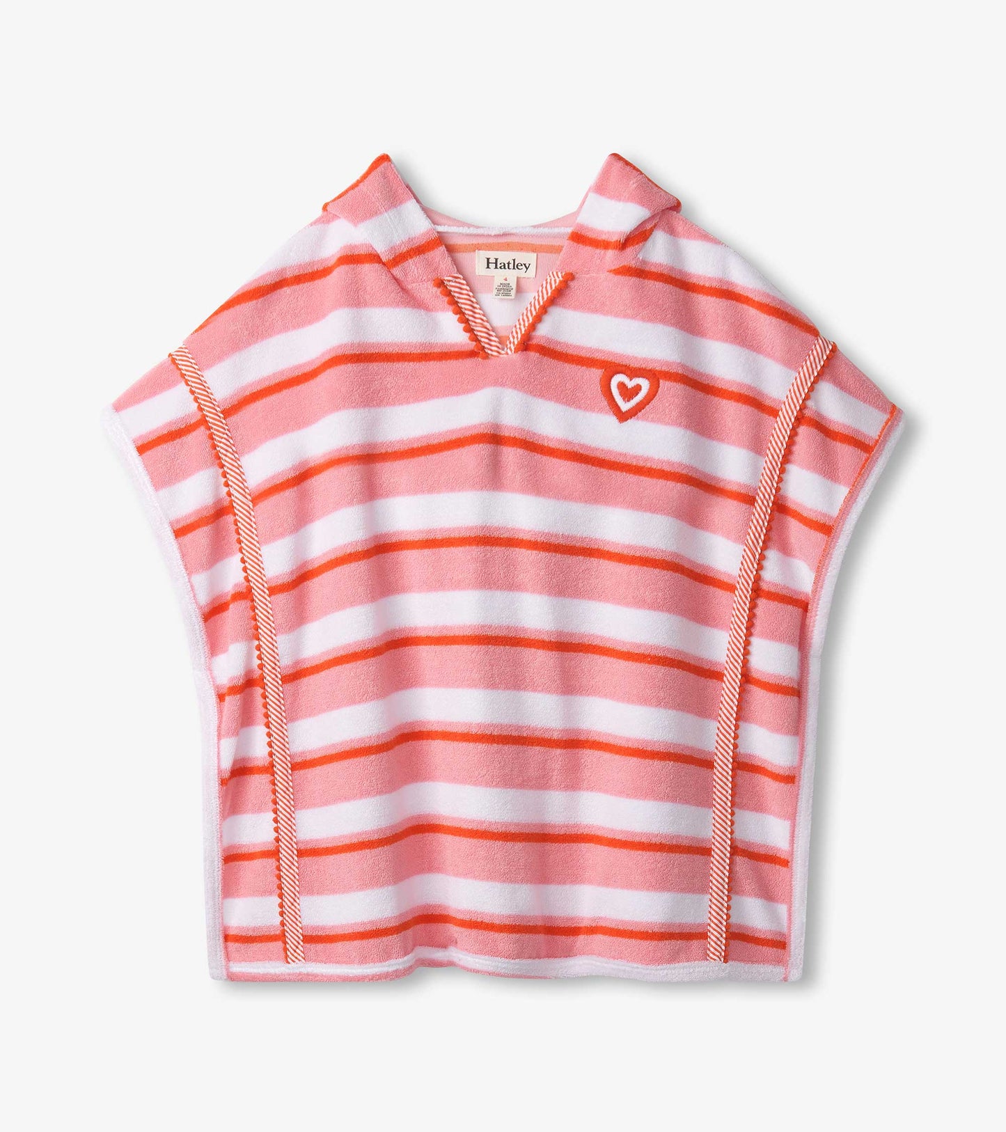 Pink striped hooded cover-up with a heart detail, made from soft terry fabric, ideal for beach or pool use.