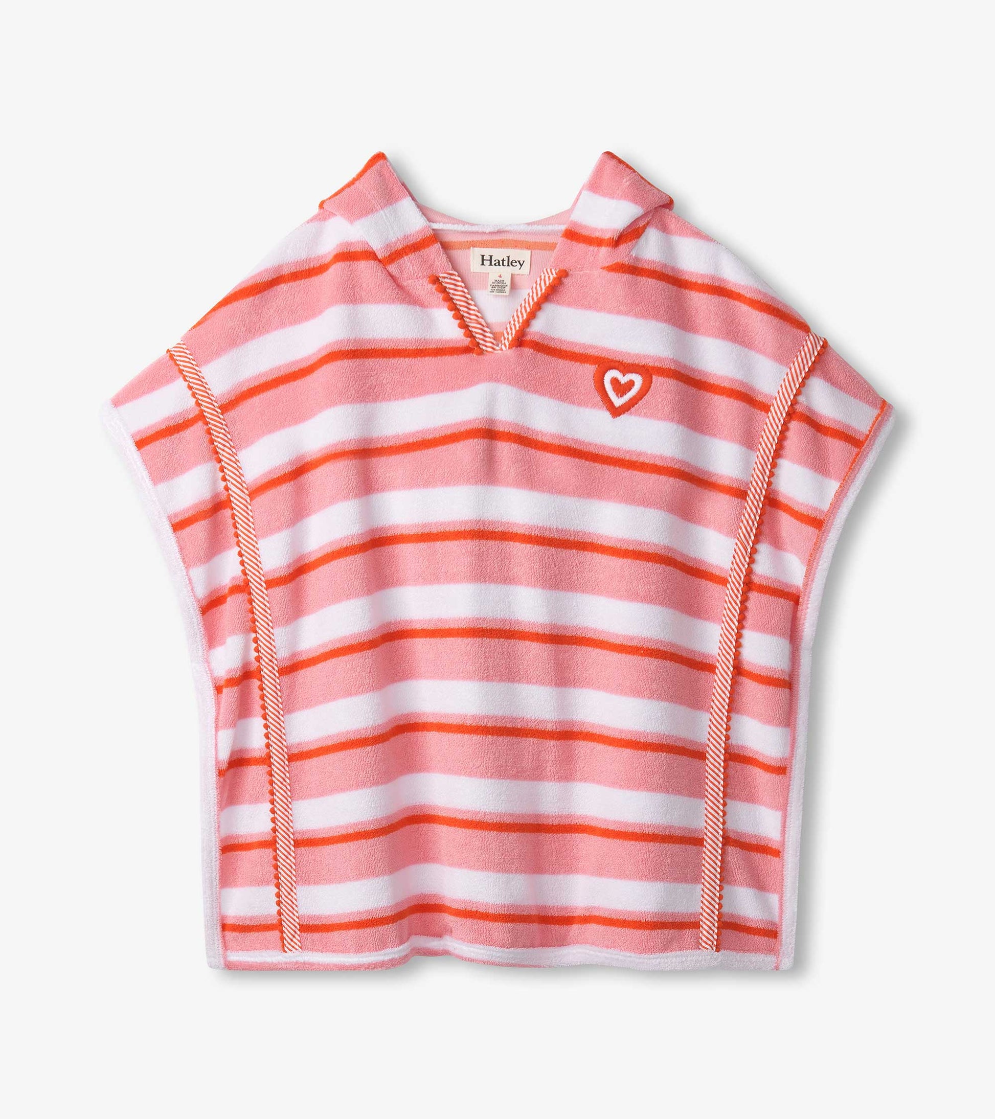 Pink striped hooded cover-up with a heart detail, made from soft terry fabric, ideal for beach or pool use.