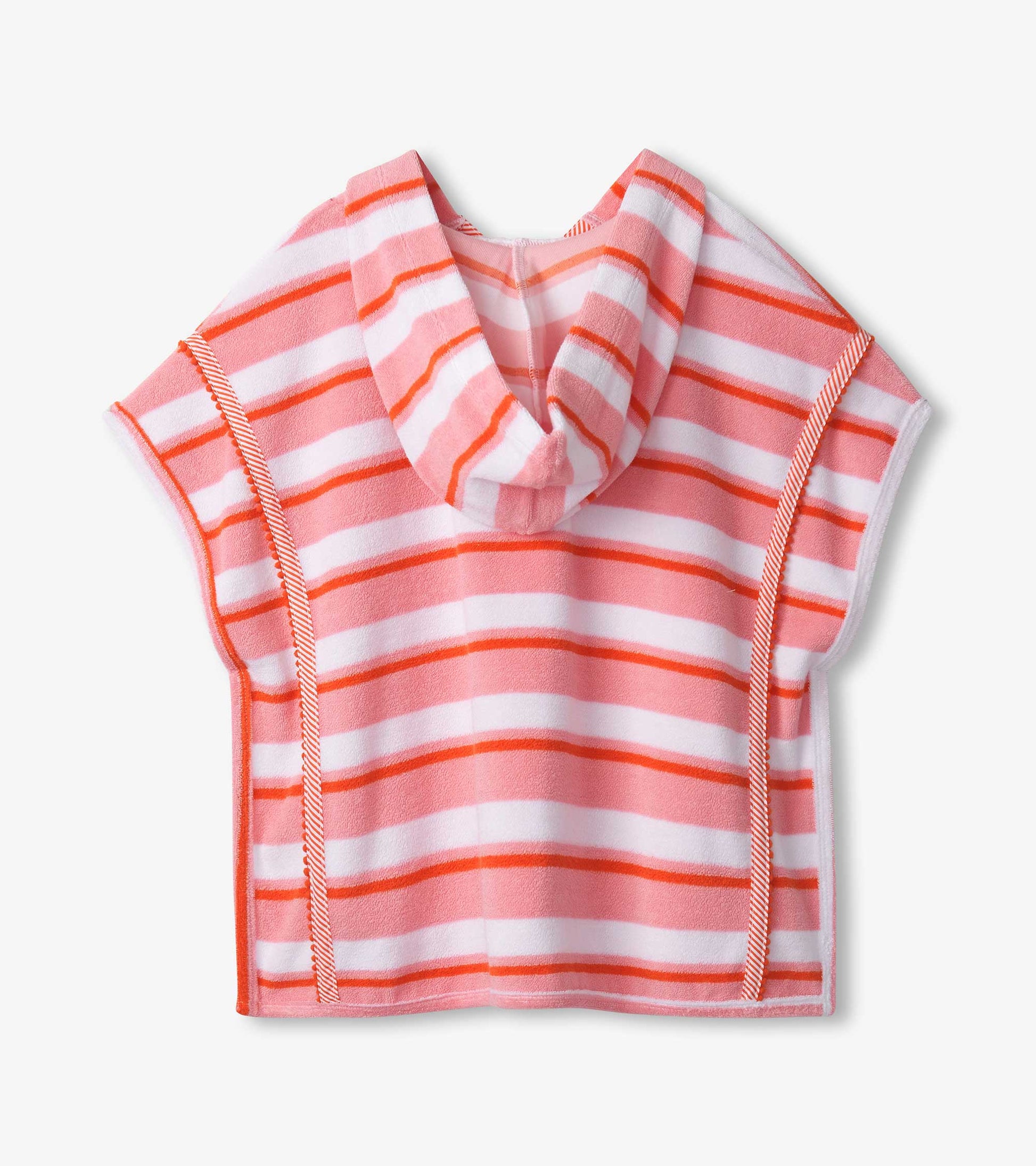 Hooded cover-up in pink and white stripes, made from soft material, ideal for beach or pool use.