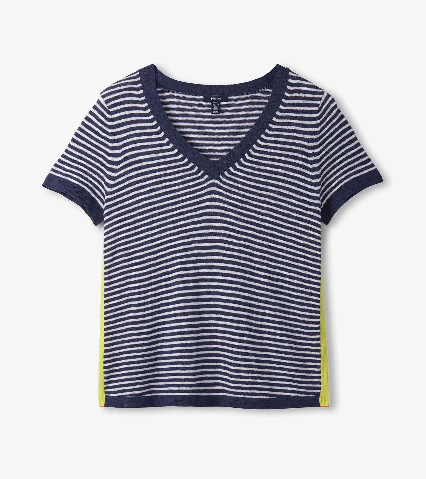 V-neck knit tee in patriot blue with white stripes and neon yellow side accents. Short sleeves and relaxed fit.