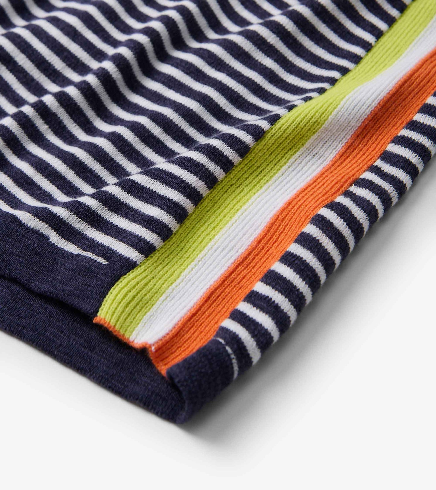 Navy blue and white striped knit tee with colorful ribbed accents in green, orange, and white.