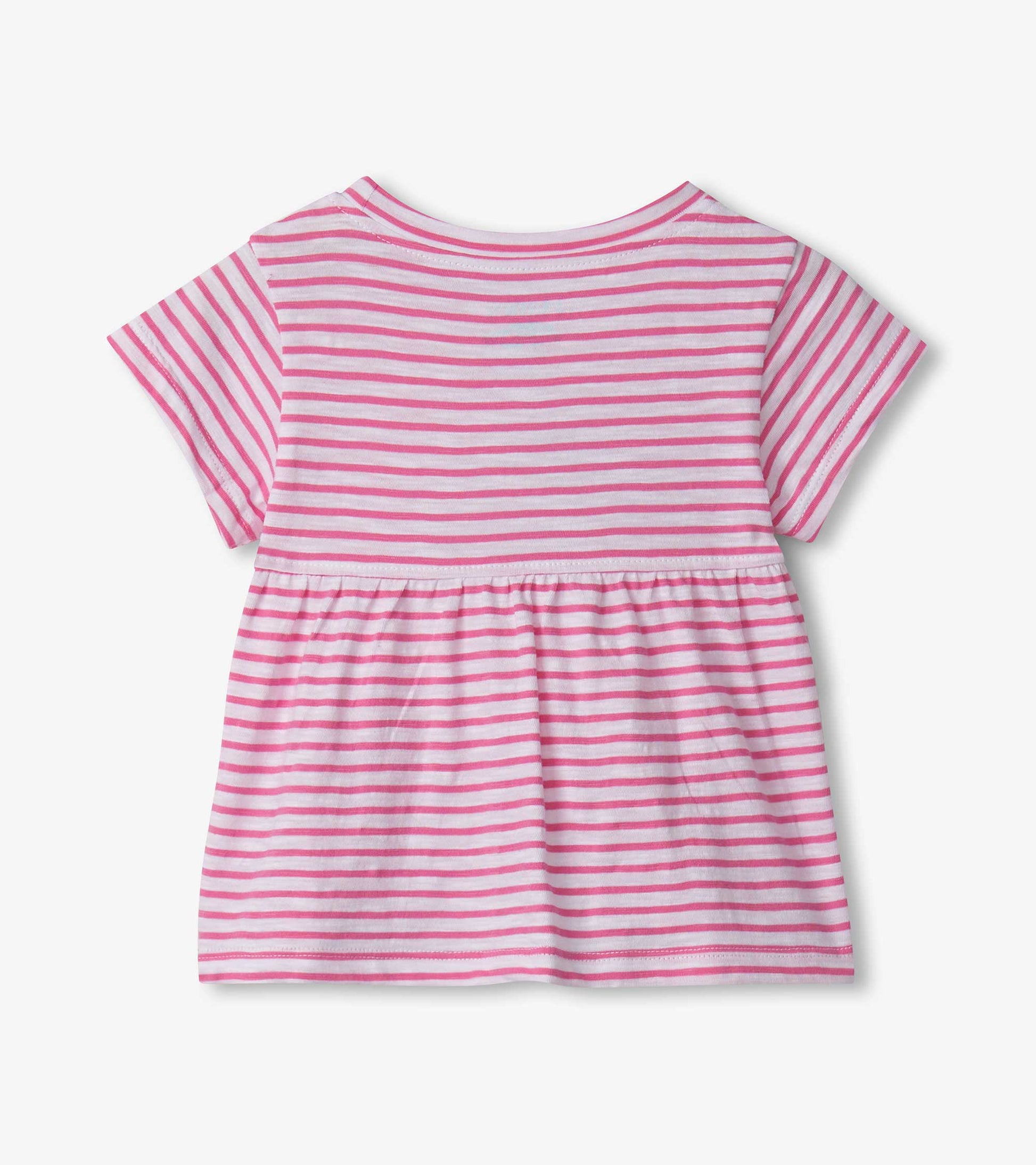 Pink and white striped short-sleeve tee with a gathered waist, suitable for baby and toddler girls.