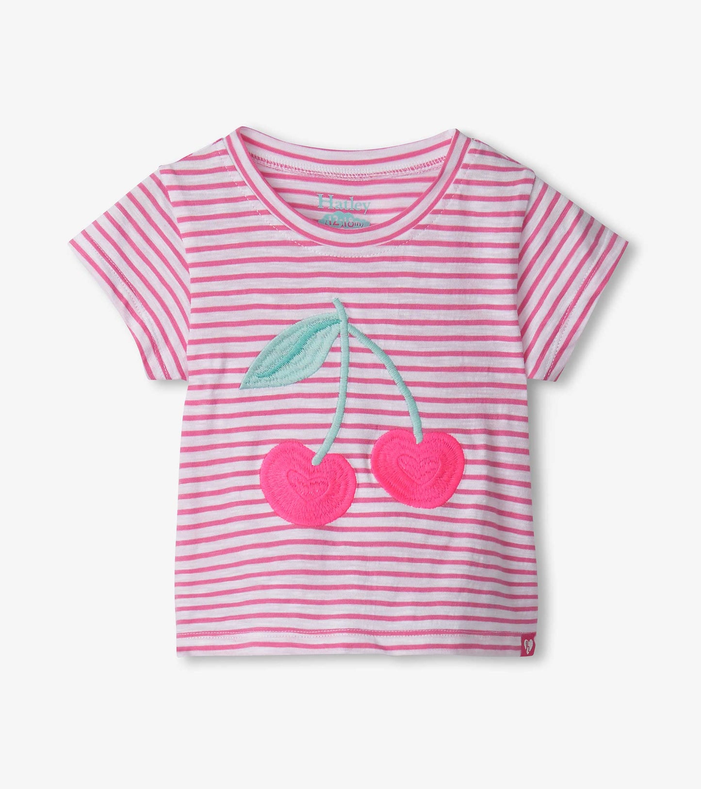 Pink and white striped graphic tee featuring embroidered cherry design, short sleeves, and a round neckline.