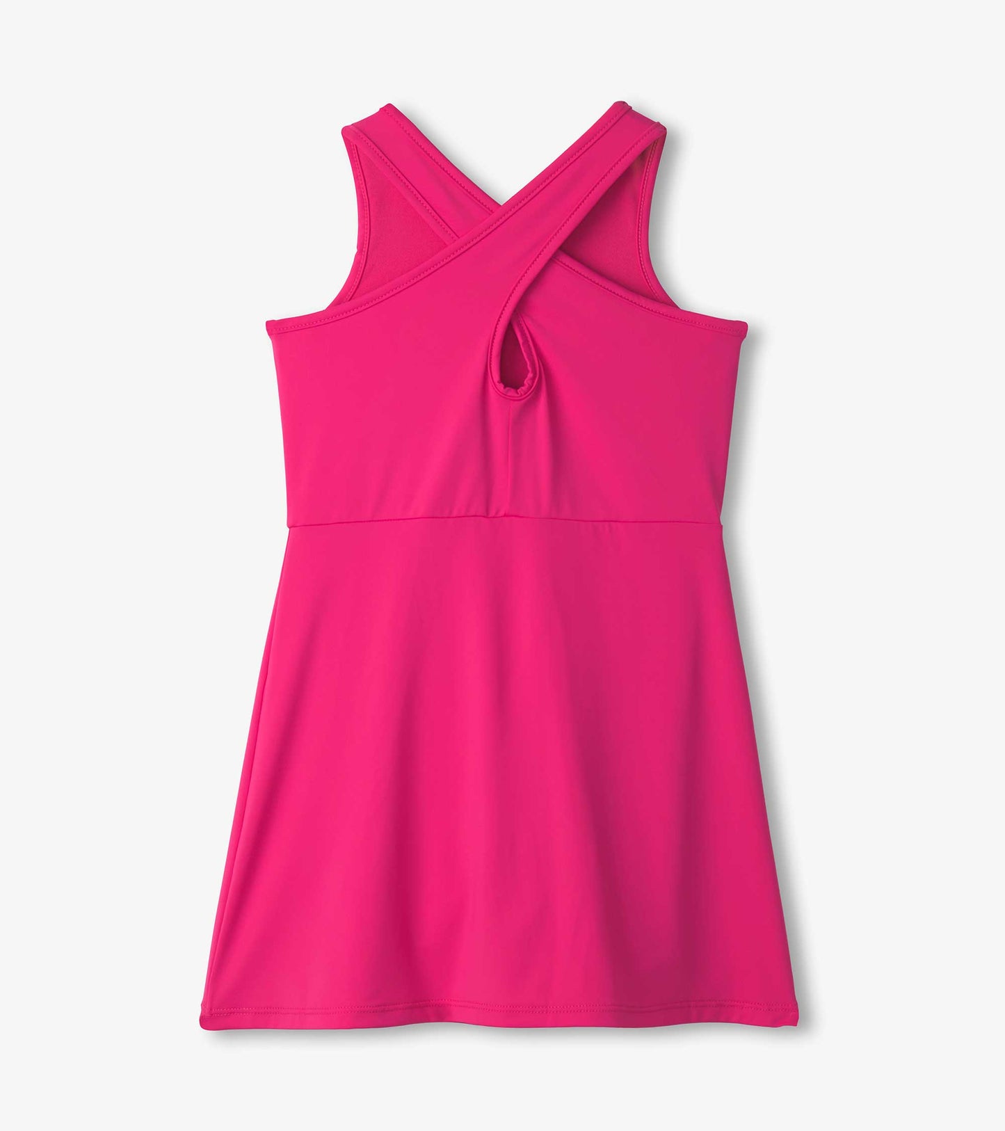 Bright pink active A-line dress with crisscross straps and a keyhole back, made from lightweight, stretchy material.