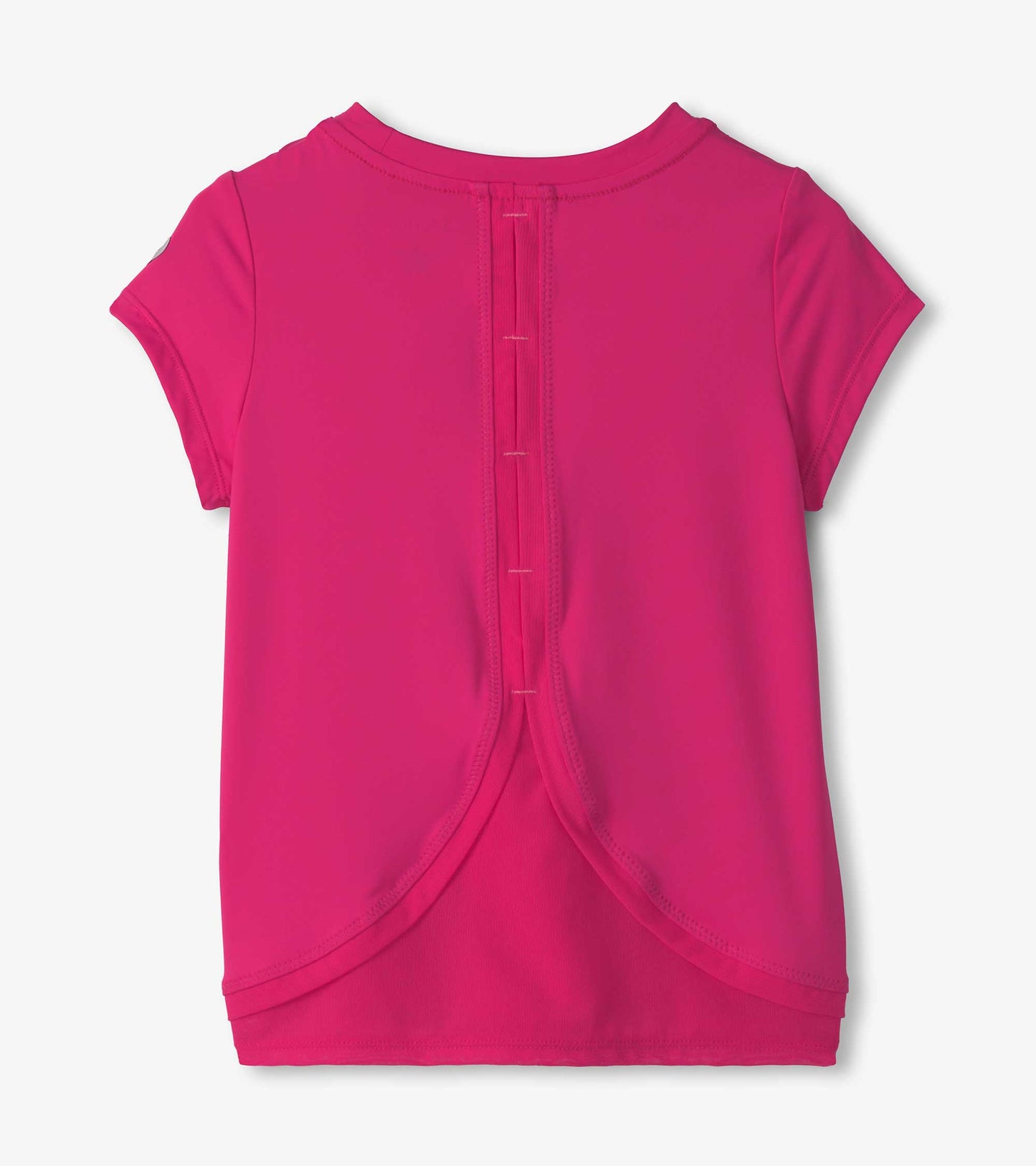 Bright pink short-sleeve t-shirt with a mesh trim and button detail at the back.