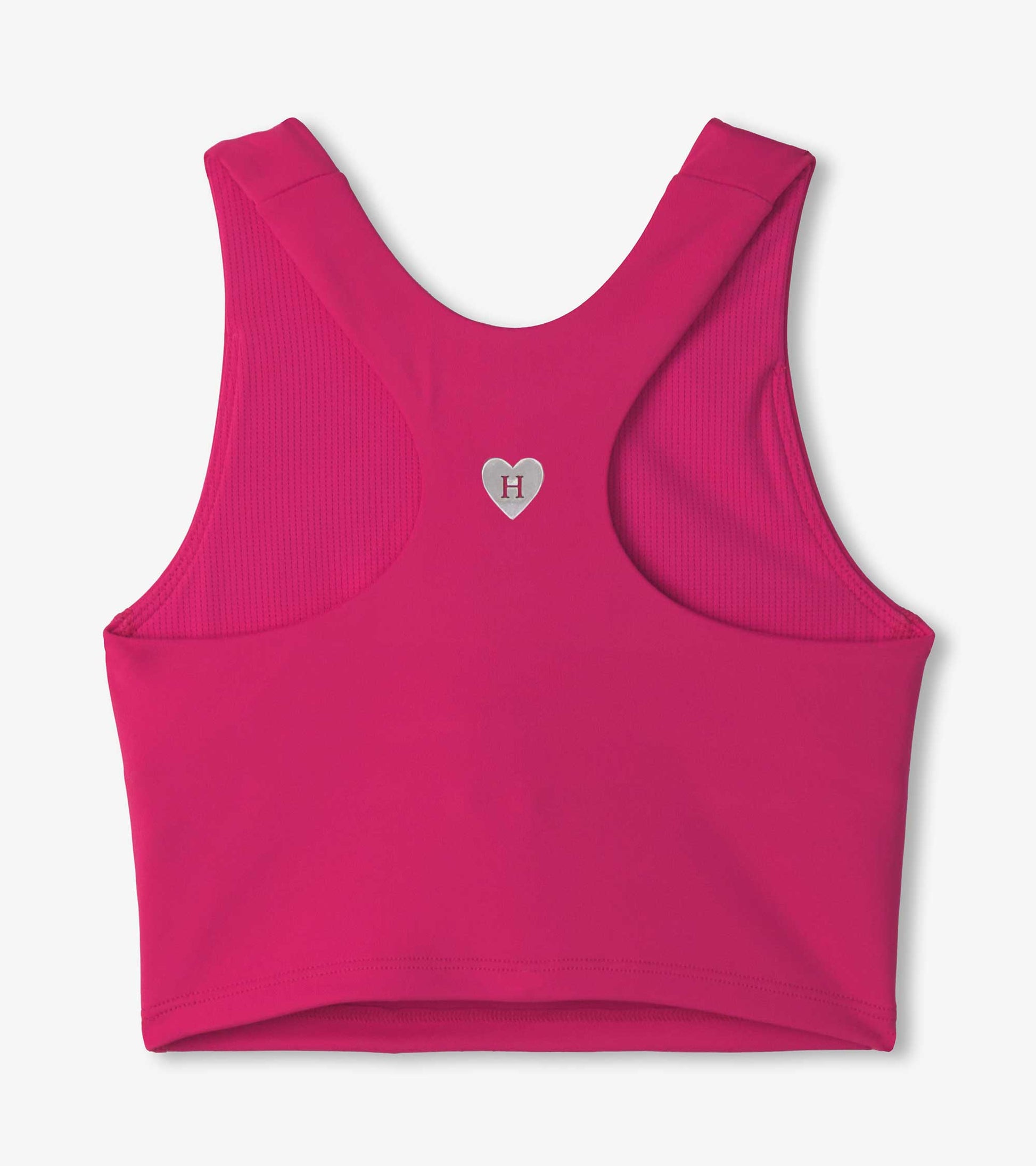 Bright pink tank top with a racerback design and a small heart logo on the back. Suitable for casual wear.