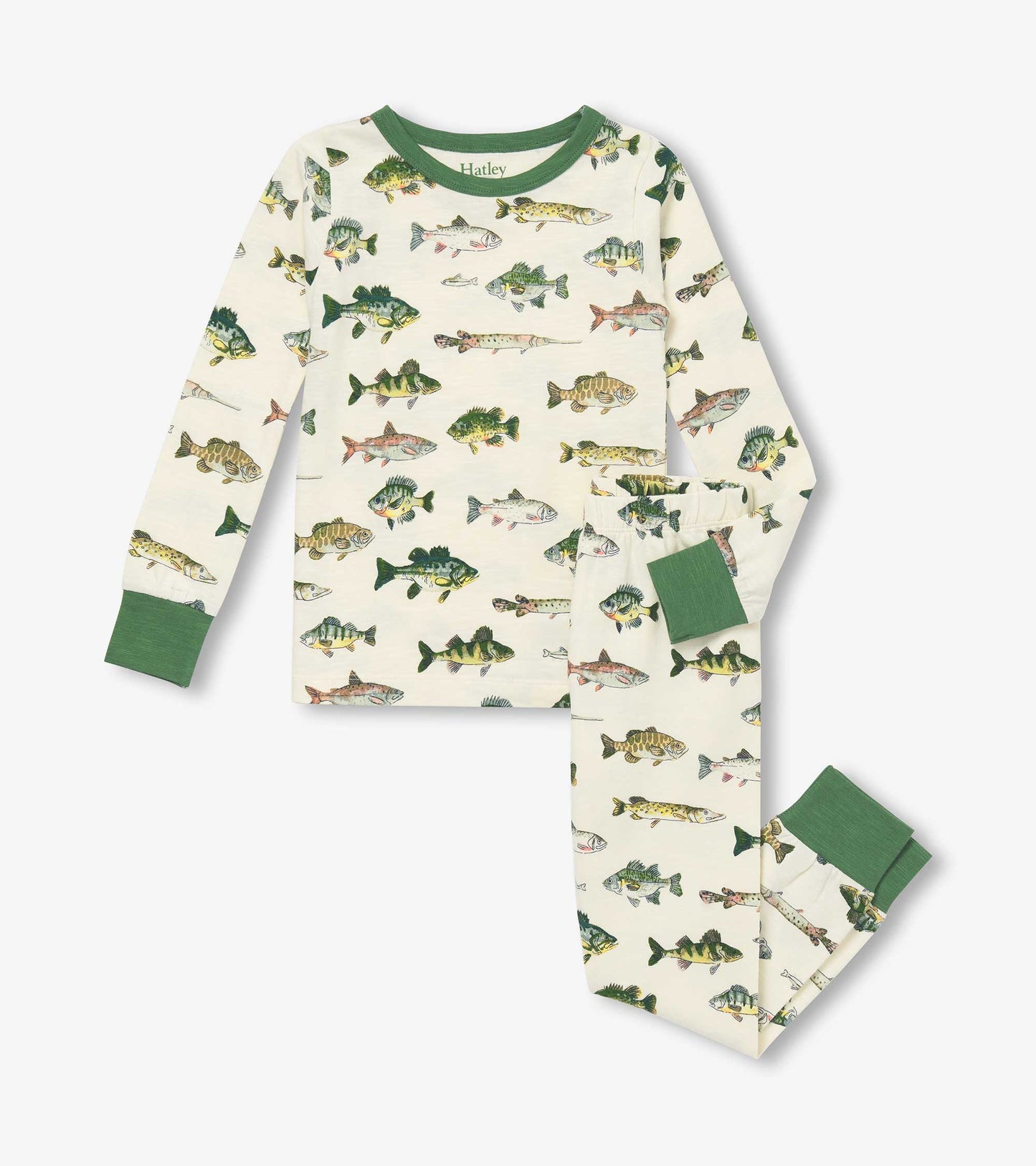 Long-sleeve pajama set featuring a cream background with colorful fish prints and green cuffs.