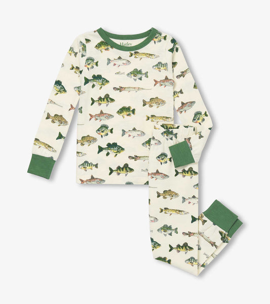 Long-sleeve pajama set featuring a cream background with colorful fish prints and green cuffs.