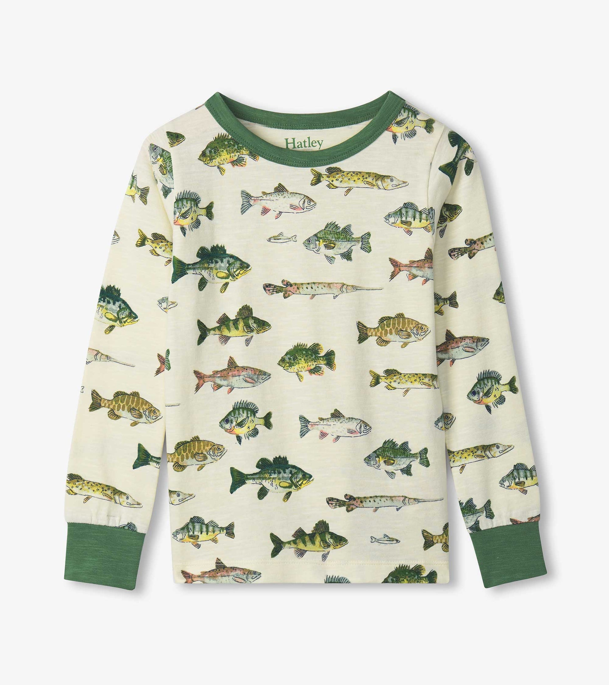 Long-sleeve pajama top featuring a playful fish print on a cream background with green trim.