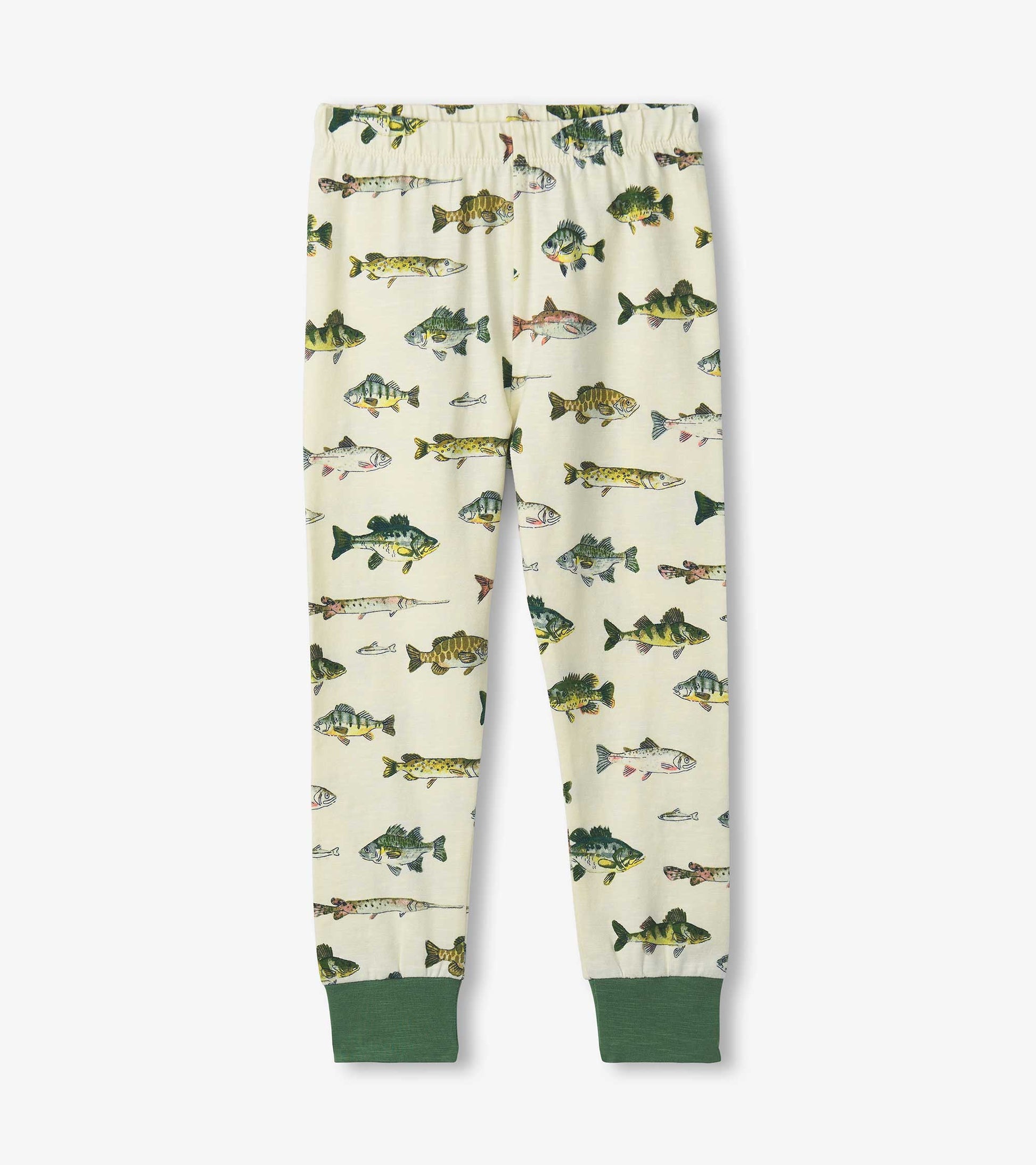 Light-colored pajama pants featuring a variety of fish patterns, with green cuffs and an elastic waistband.