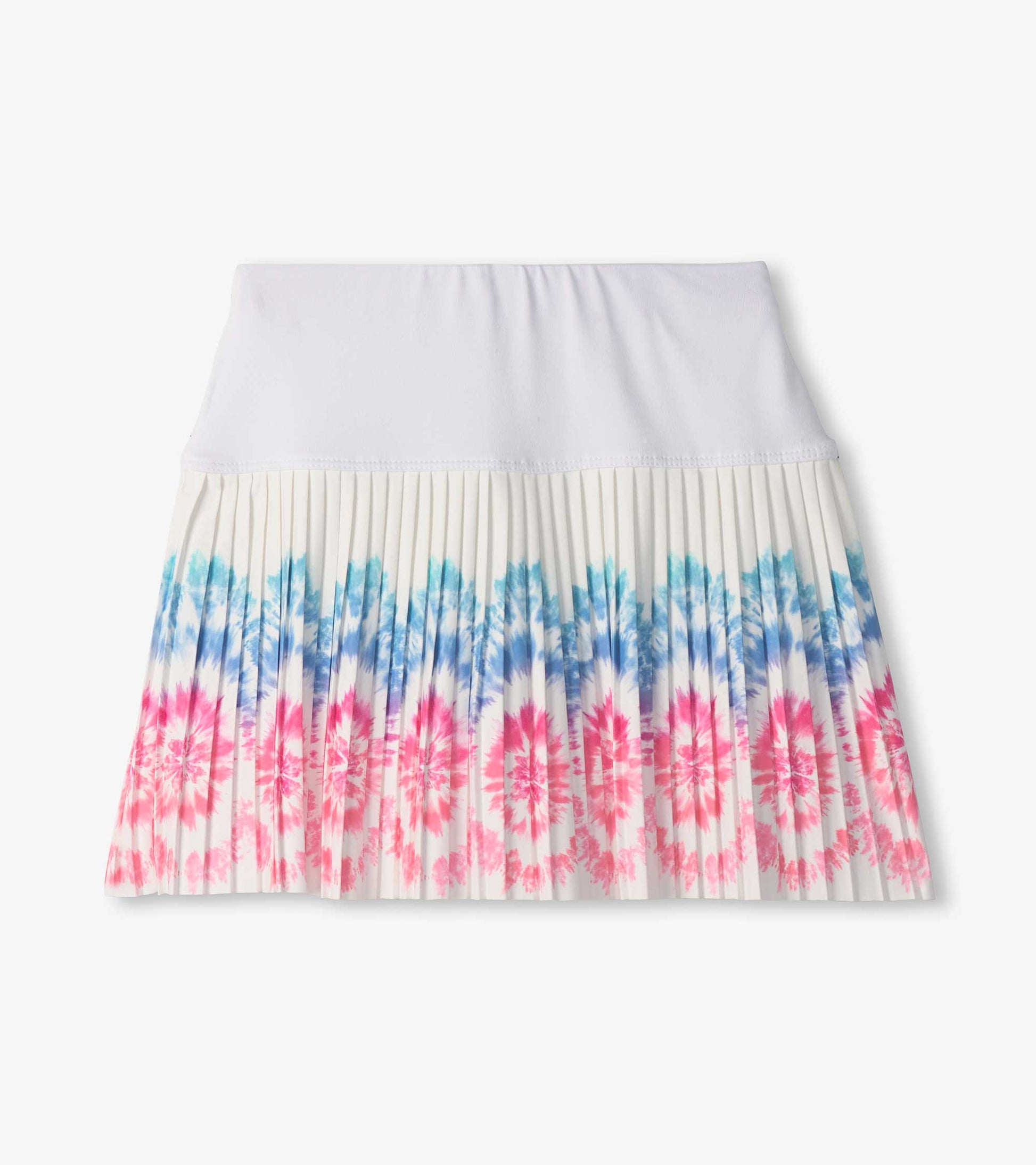 White sporty skort with pleats, featuring a colorful tie-dye pattern in blue and pink at the hem.