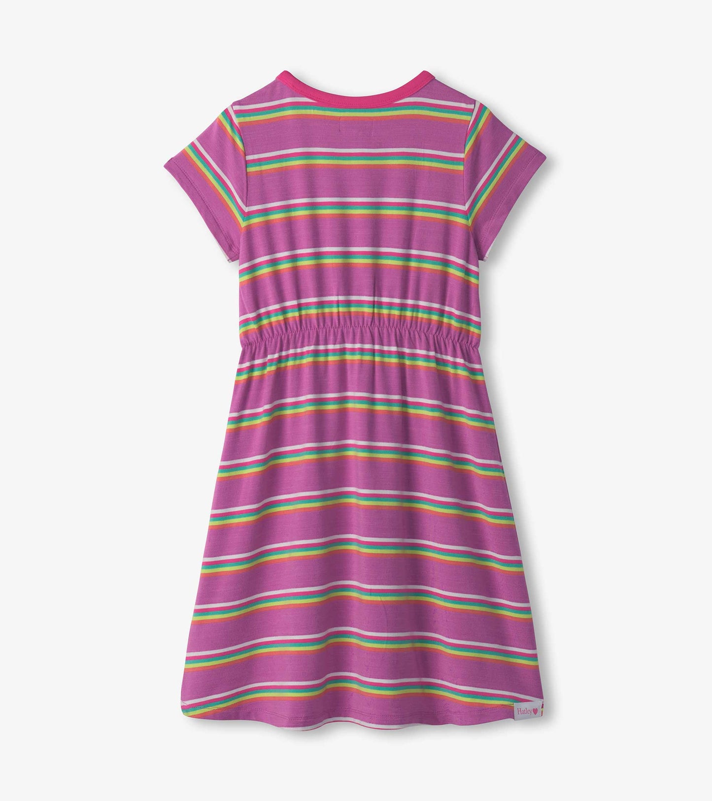 Purple high-low dress with short sleeves, featuring colorful horizontal stripes and an elastic waist.