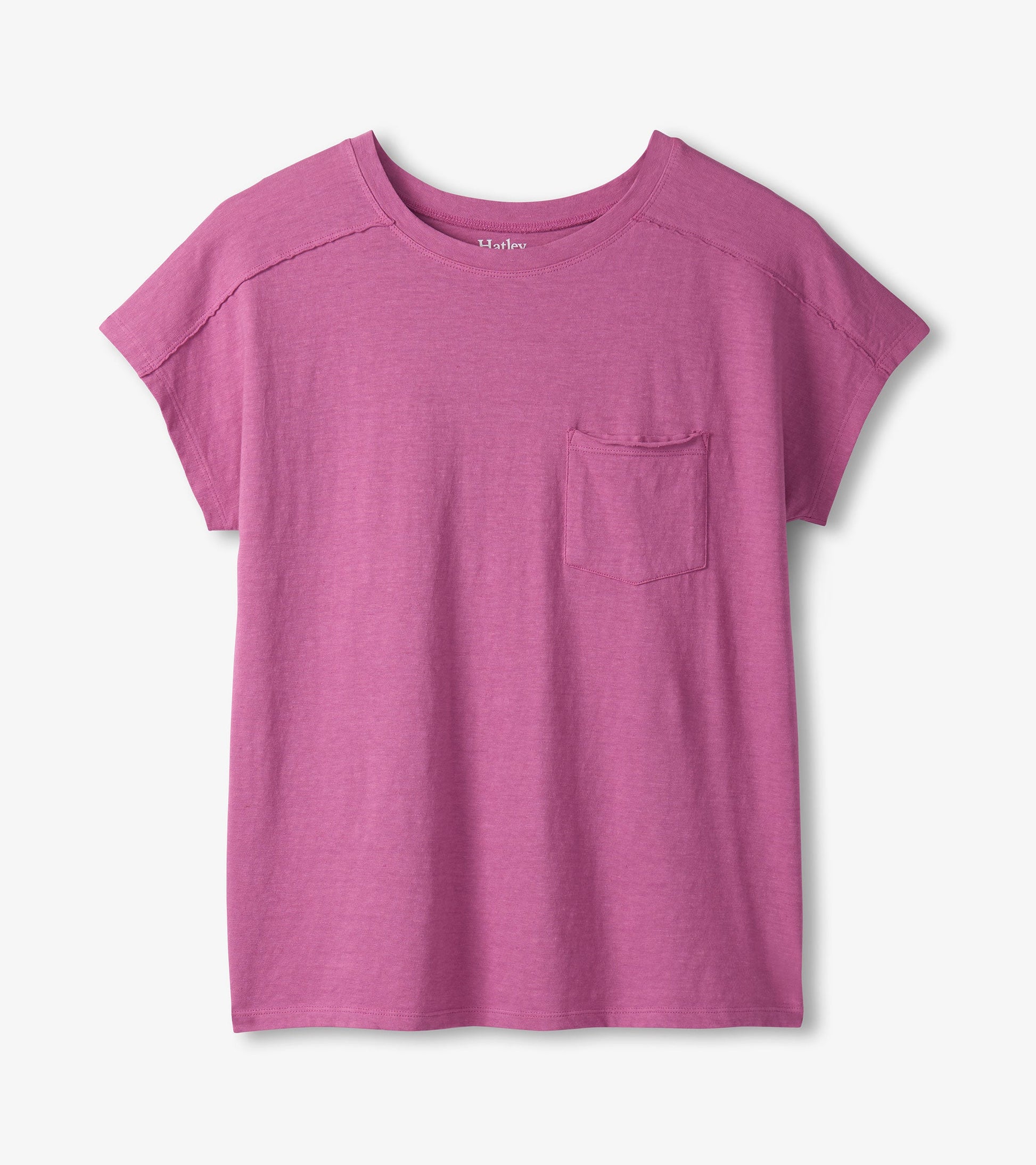 Slouchy short-sleeve tee in orchid color with a chest pocket and relaxed fit.