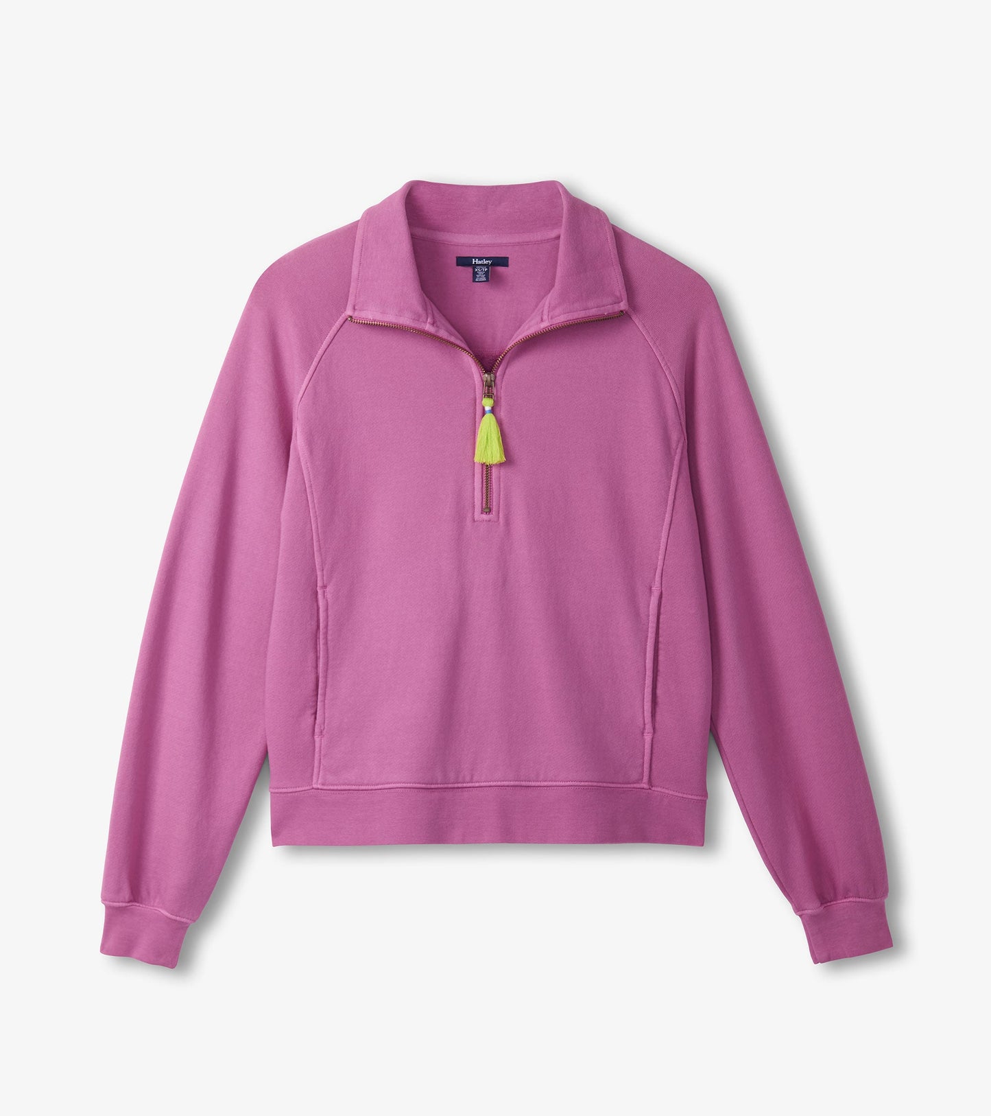 Mock neck pullover in orchid pink with a front zipper and a tassel detail, featuring long sleeves and a relaxed fit.