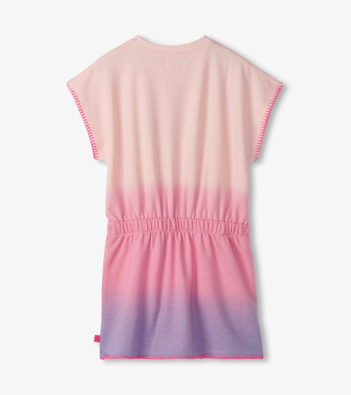 Pink and purple ombre pull-on dress with cap sleeves and elastic waist.