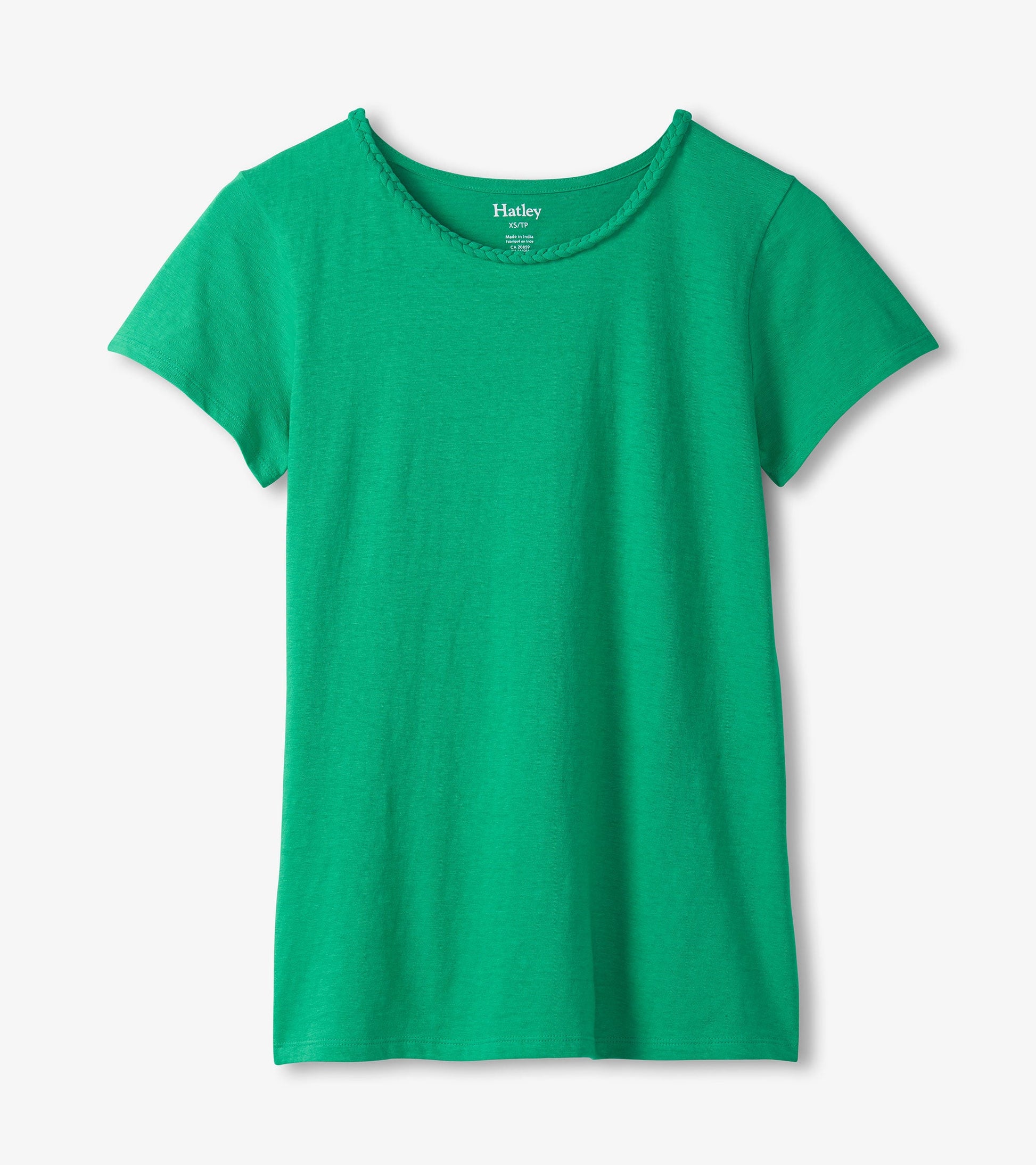 Sea green braided neck tee with short sleeves, made from soft fabric, suitable for casual wear.