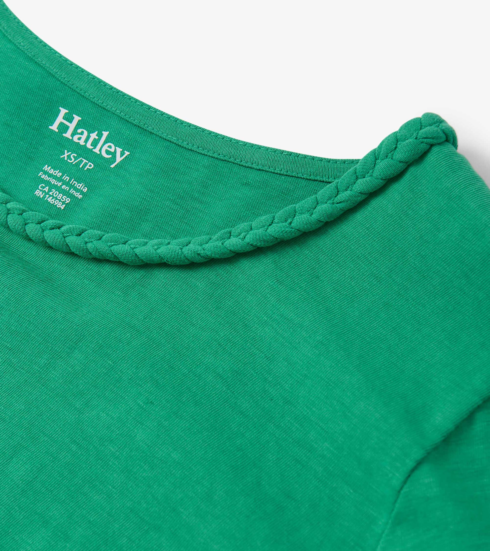 Sea green braided neck tee with a soft texture, featuring a round neckline and short sleeves.