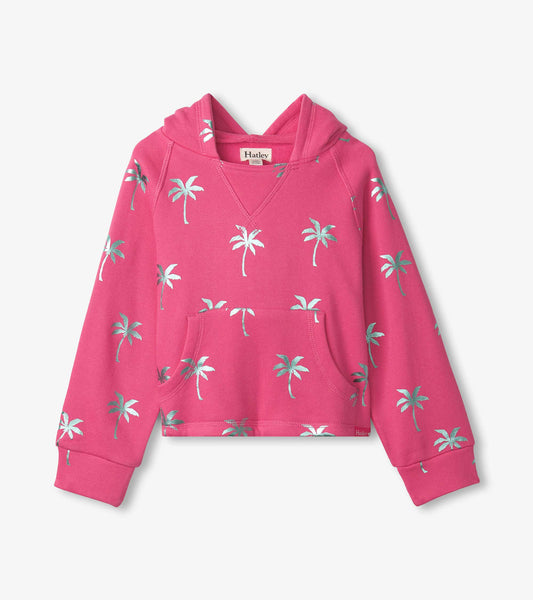 Pink raglan hoodie featuring silver palm tree prints and a front pocket, designed for girls.