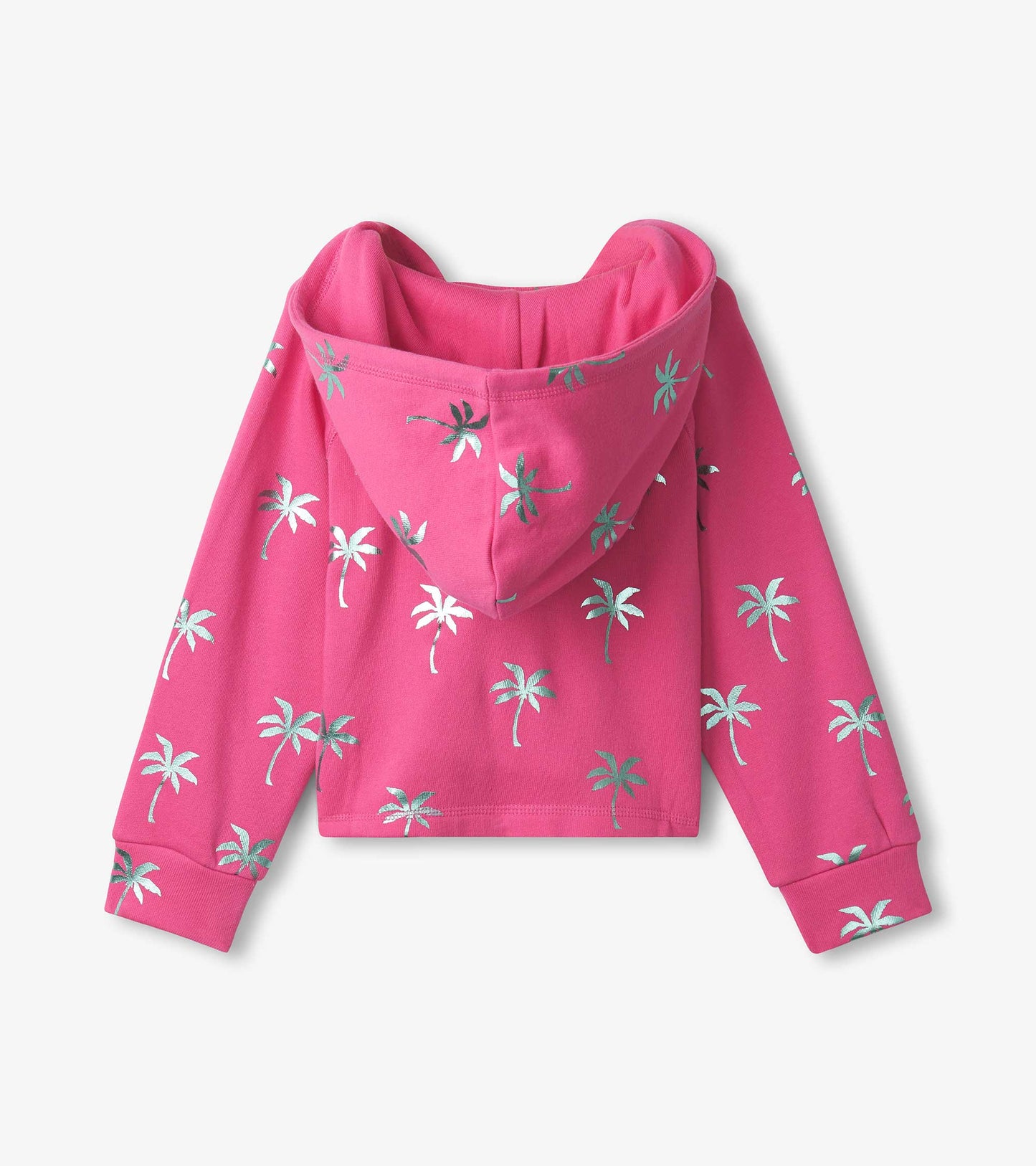 Pink raglan hoodie with silver palm tree prints and a hood, showcasing a cropped design and long sleeves.
