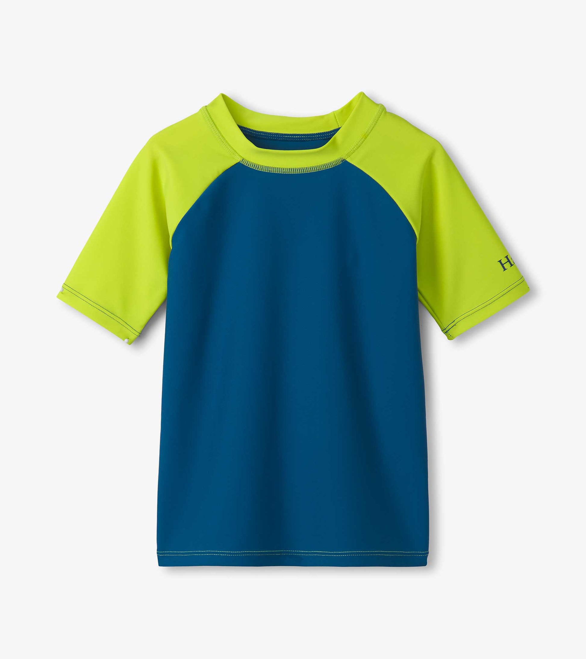 Short sleeve rashguard in blue with bright green raglan sleeves, designed for active wear in water activities.