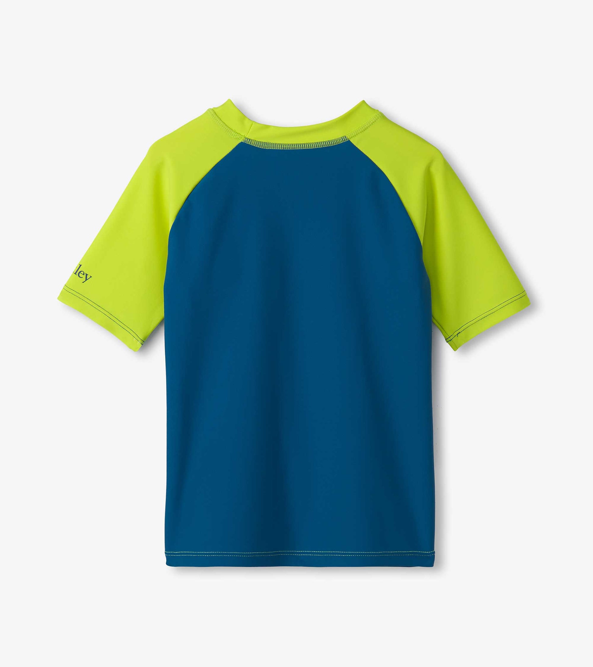 Short sleeve rashguard featuring a blue body and bright green sleeves, ideal for water activities. Back view shown.