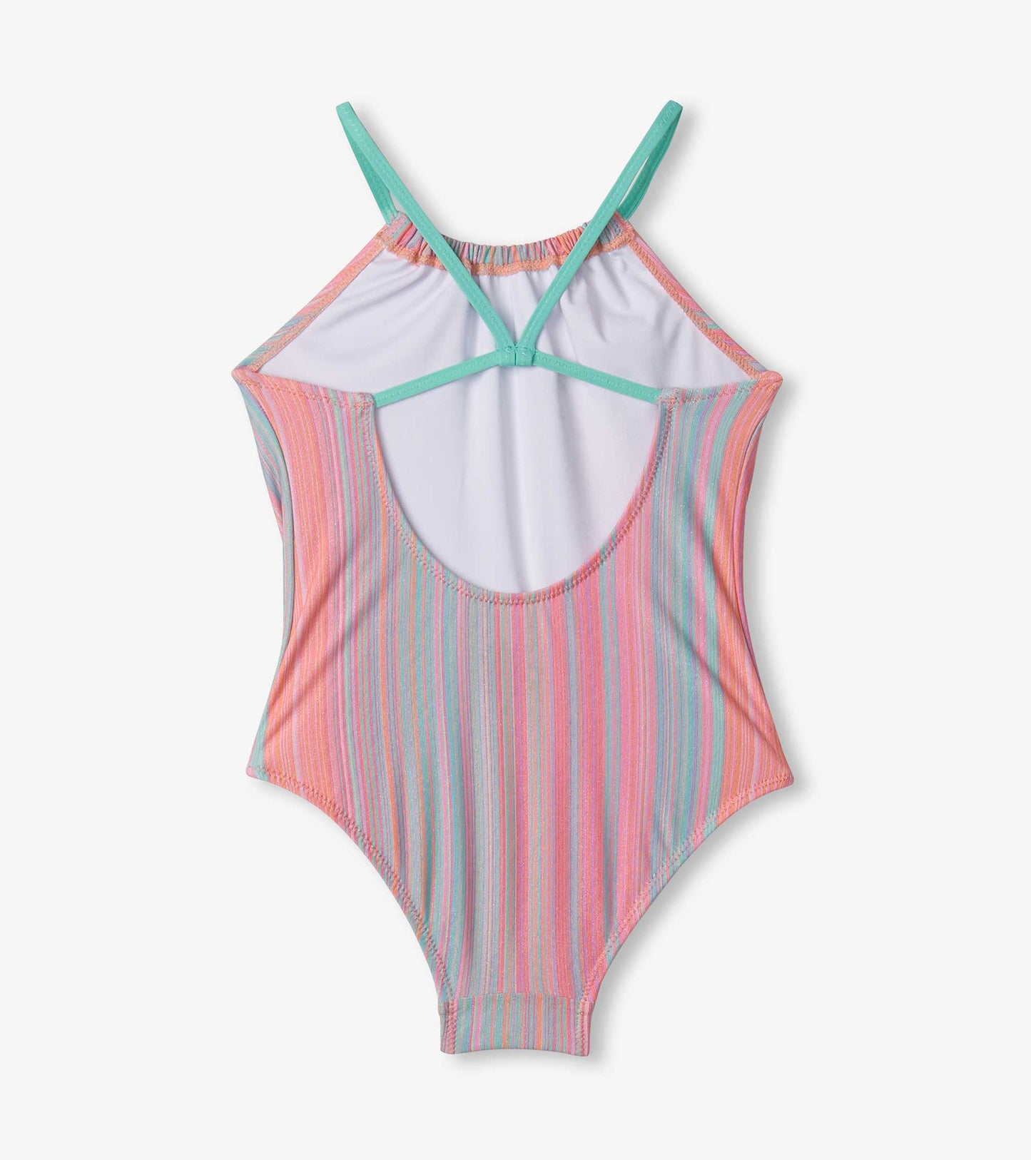 Girls' swimsuit featuring a gathered front, shimmer stripes in pink and blue, and a crisscross back design.