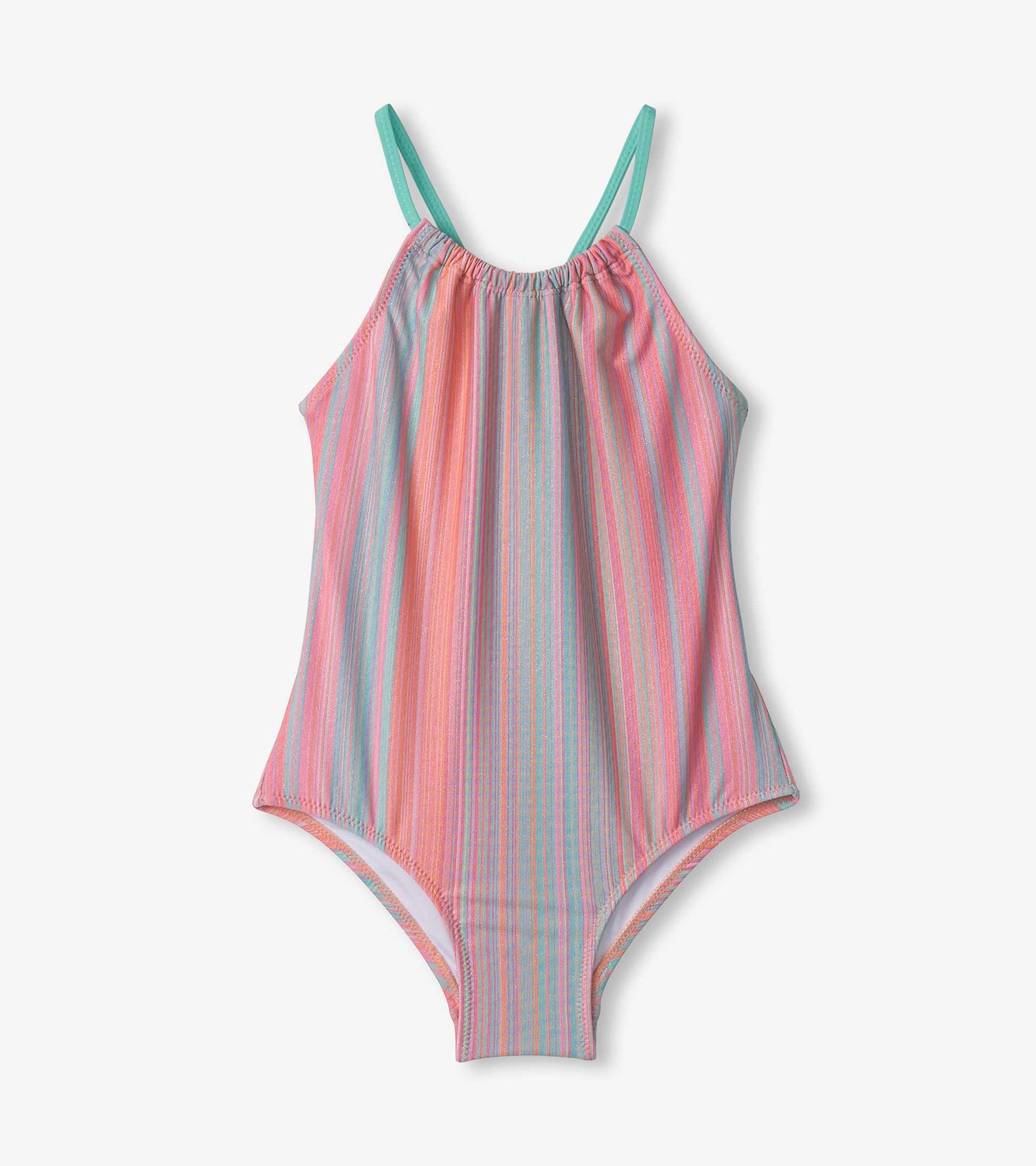 Girls' swimsuit featuring a gathered front design with colorful shimmer stripes in pink, blue, and purple.