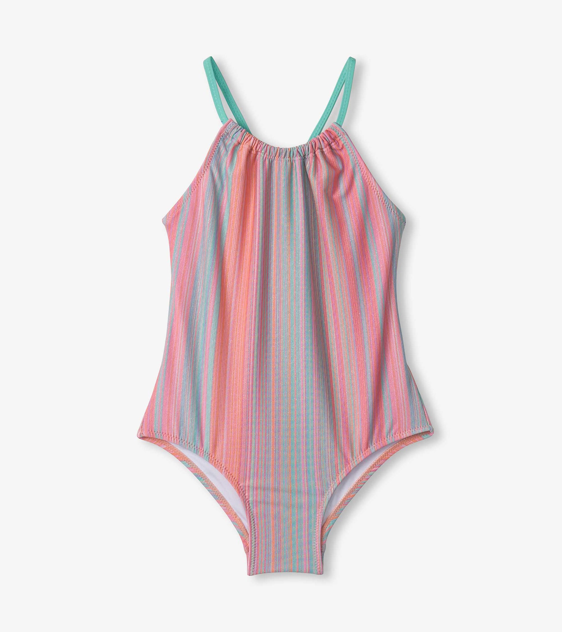 Girls' swimsuit featuring a gathered front design with colorful shimmer stripes in pink, blue, and purple.