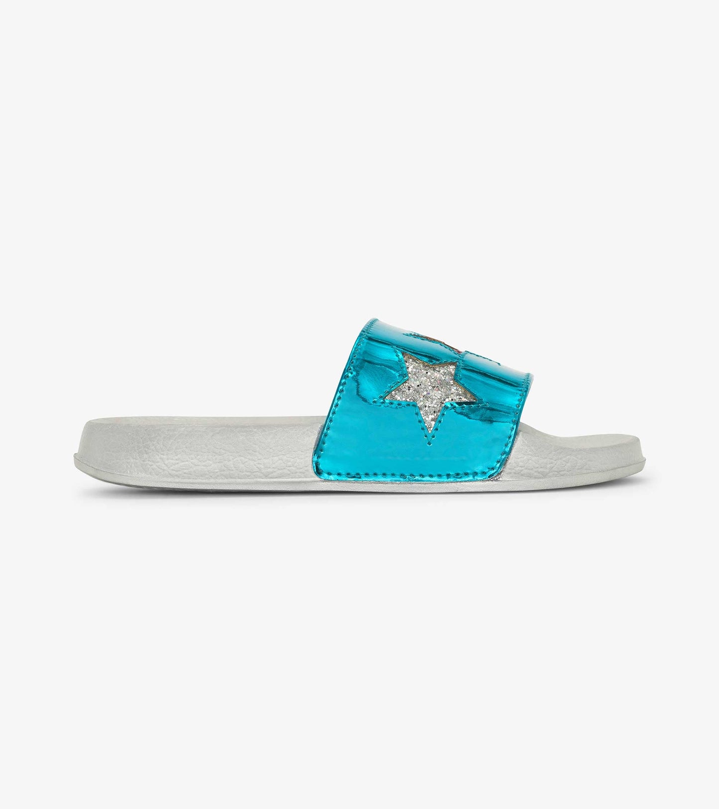 Turquoise slide sandals with a shiny star detail and a textured white sole, designed for kids.