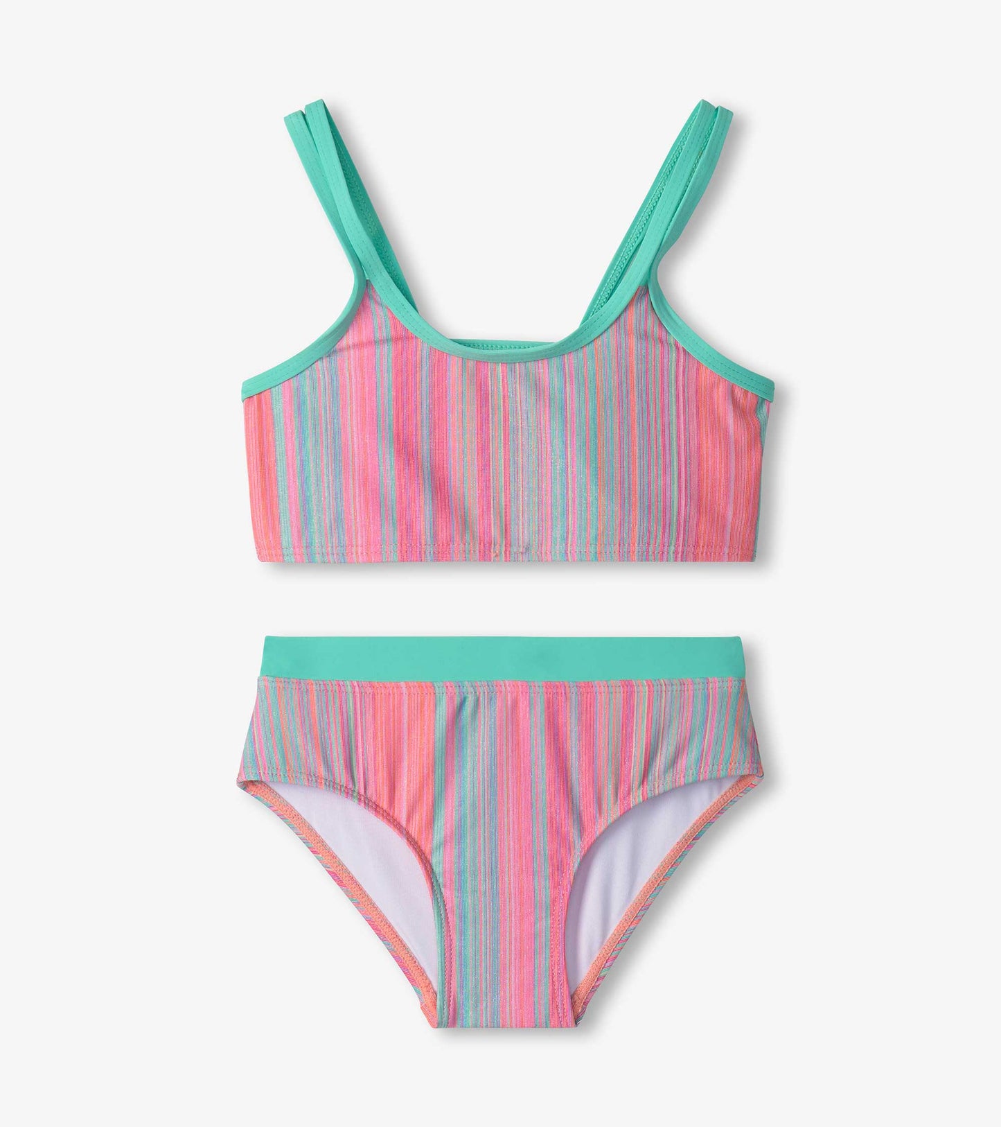 Girls' bikini set featuring a pink and turquoise shimmer stripe pattern with a crop top and matching bottoms.