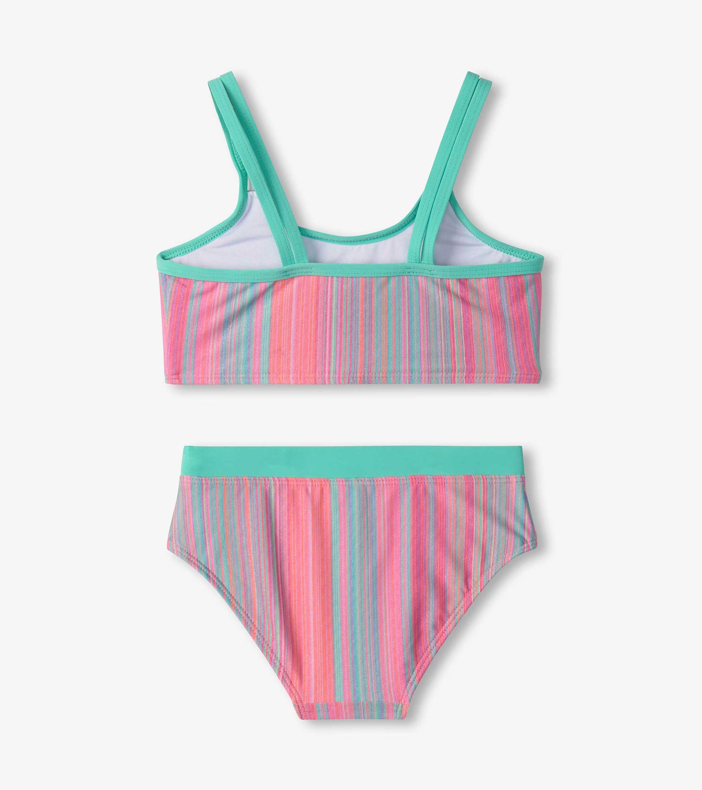 Girls' bikini set featuring a colorful shimmer stripe pattern in pink, purple, and teal with adjustable straps.