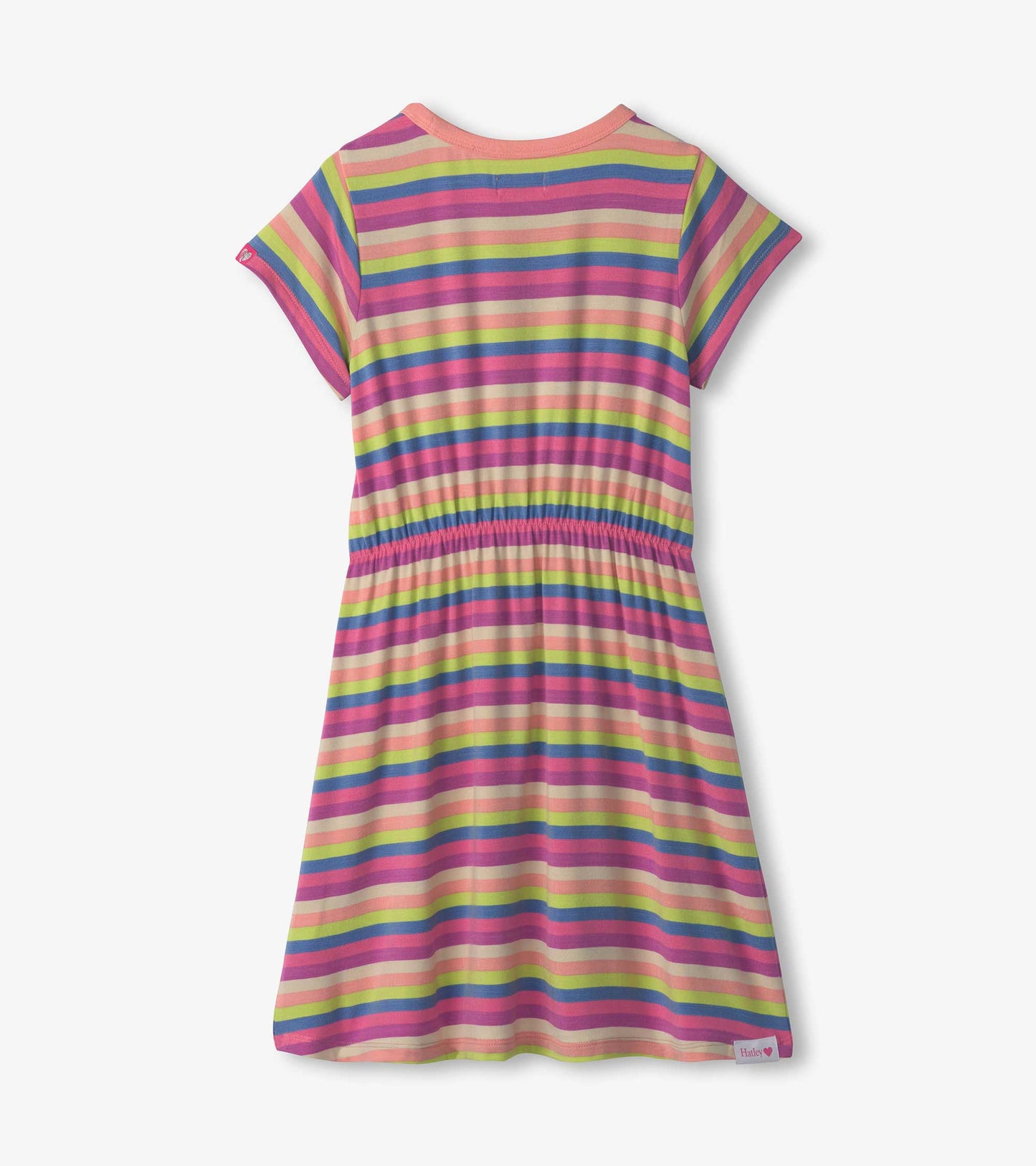 High-low dress featuring soft, colorful stripes in pink, green, and blue with short sleeves and an elastic waist.
