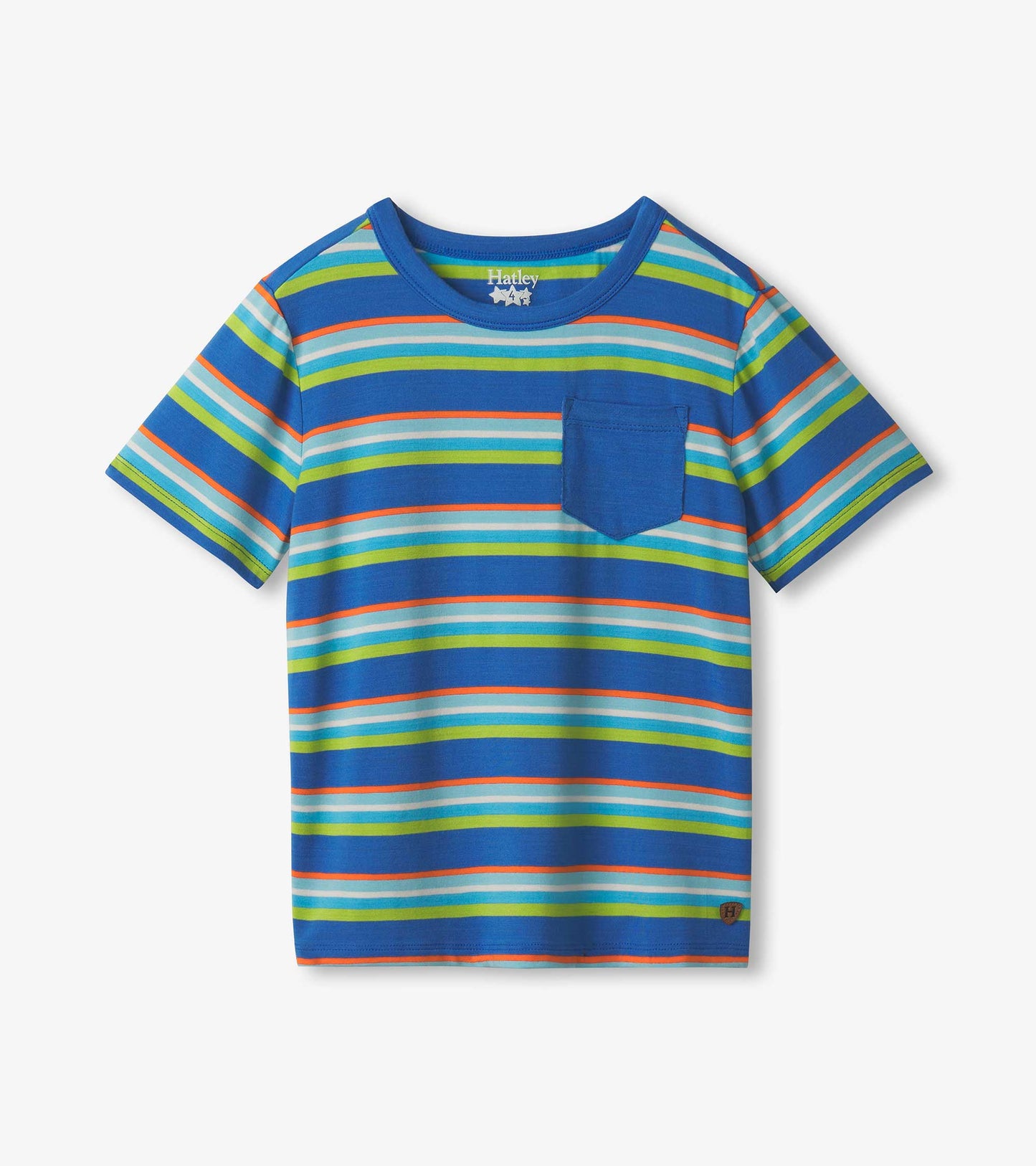 Boys' short-sleeve tee in blue with multicolored stripes and a chest pocket, made from soft bamboo fabric.
