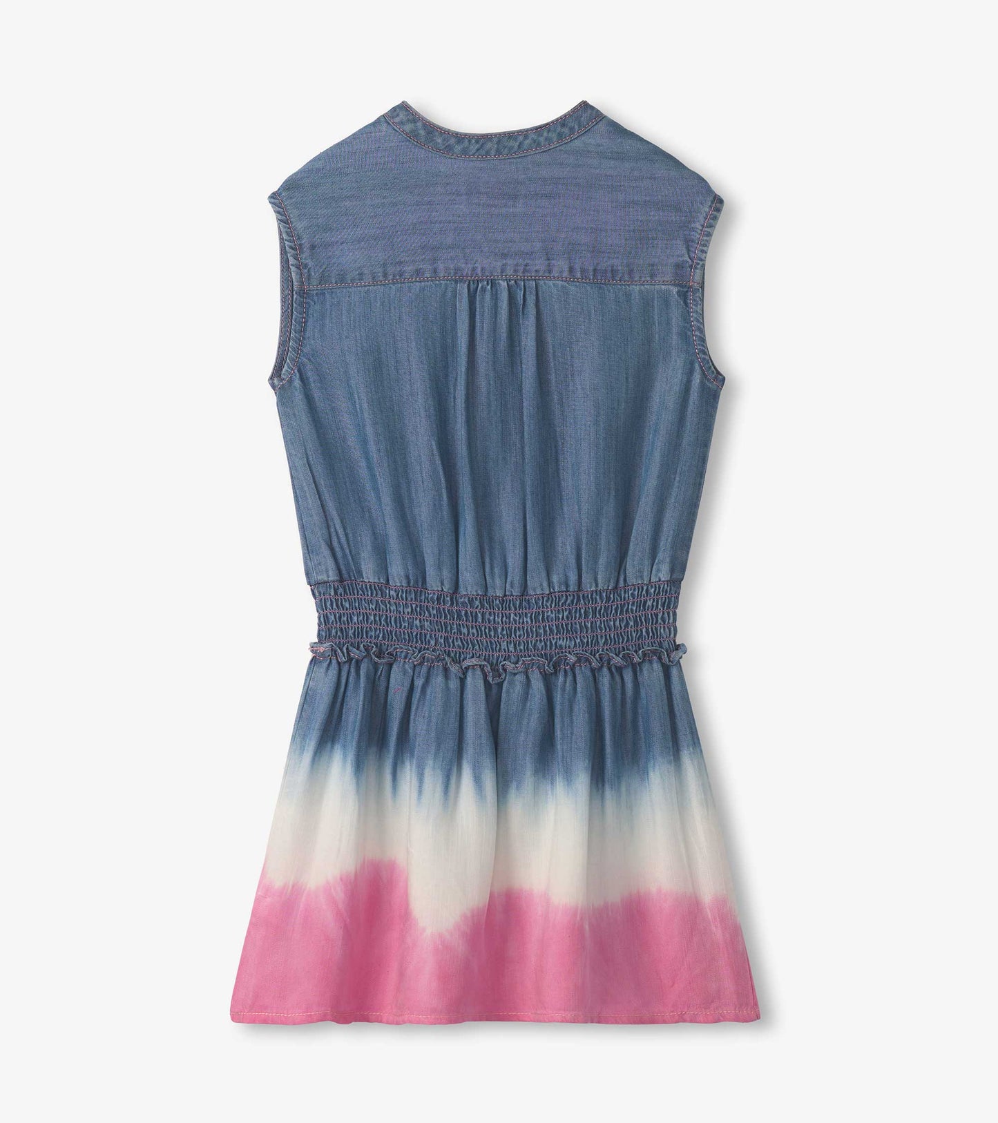 Sleeveless dress with a smocked waist, featuring a blue top and a pink ombre pattern on the skirt. Back view.