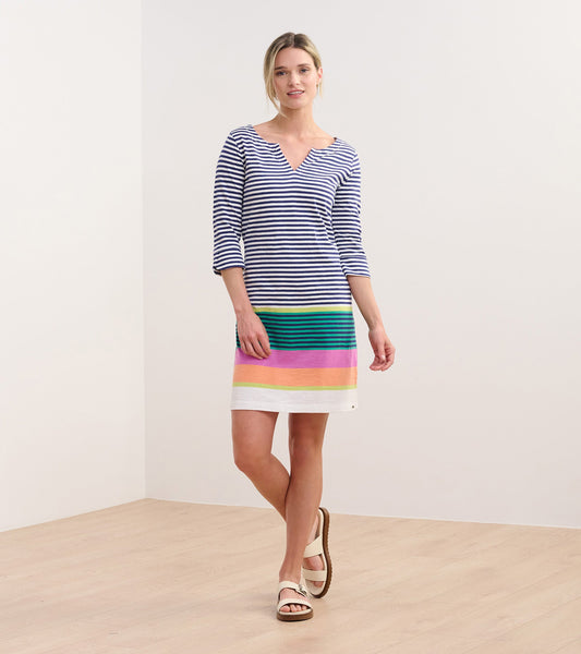 Striped dress with a V-neck, featuring a colorful horizontal stripe pattern at the hem, suitable for casual wear.